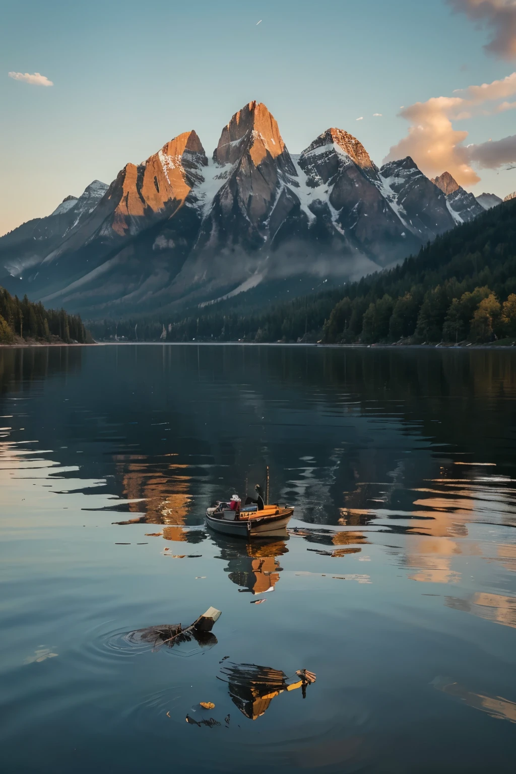 Here is a paragraph that could be translated into an image:

The sun dipped below the distant horizon, casting a warm amber glow over the tranquil lakeside scene. Rippling reflections of the vibrant sunset danced across the still waters, mirroring the vibrant hues of the sky above. Towering mountains, their jagged peaks capped with pristine snow, rose majestically in the distance, their shadows stretching long across the serene landscape. In the foreground, a weathered wooden dock jutted out into the lake, its planks worn smooth by the lapping of the waves. A single rowboat, its paint peeling, was moored at the end, gently rocking back and forth. The air was filled with the peaceful chorus of crickets and the occasional call of a lone bird, creating a soothing symphony that complemented the breathtaking natural beauty all around. This idyllic moment felt timeless, a fleeting respite from the hustle and bustle of the world.