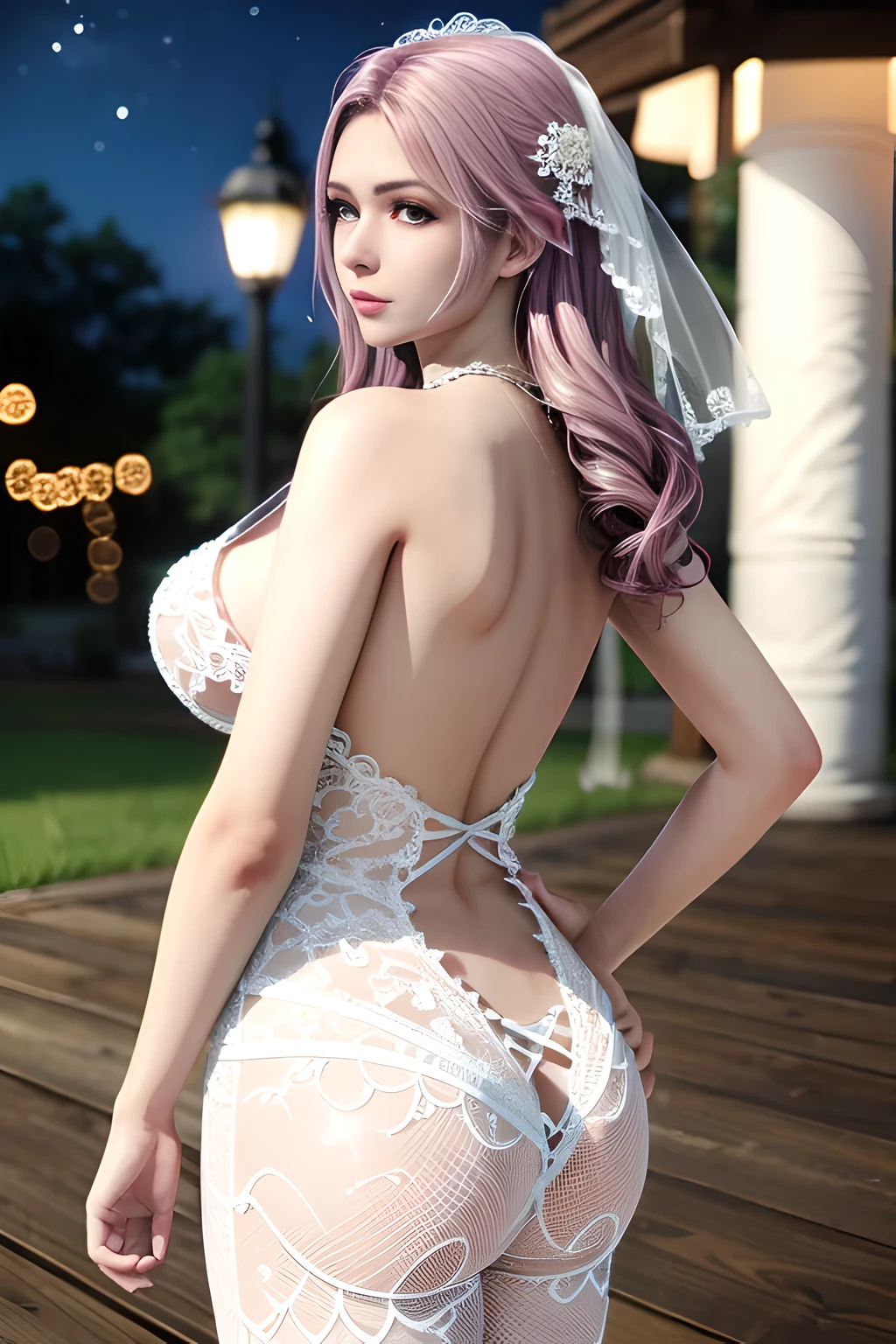 1 girl,standing posture,(( Backless Wedding Dress, see-through)), outdoor,elegant,nighttime,moonlighe,shiny skin,( huge breasts:1.1), lip gloss,( tattoos:1.3), masterpiece, best quality, realistic ,Surrealism,,Rich artistic colors, 8K,soft shadows,Portrait art,solo,  elise,