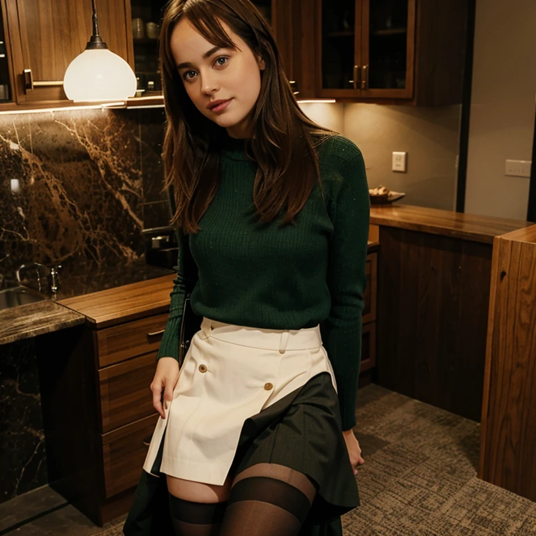 Dakota Johnson dressed in a green skirt and stockings