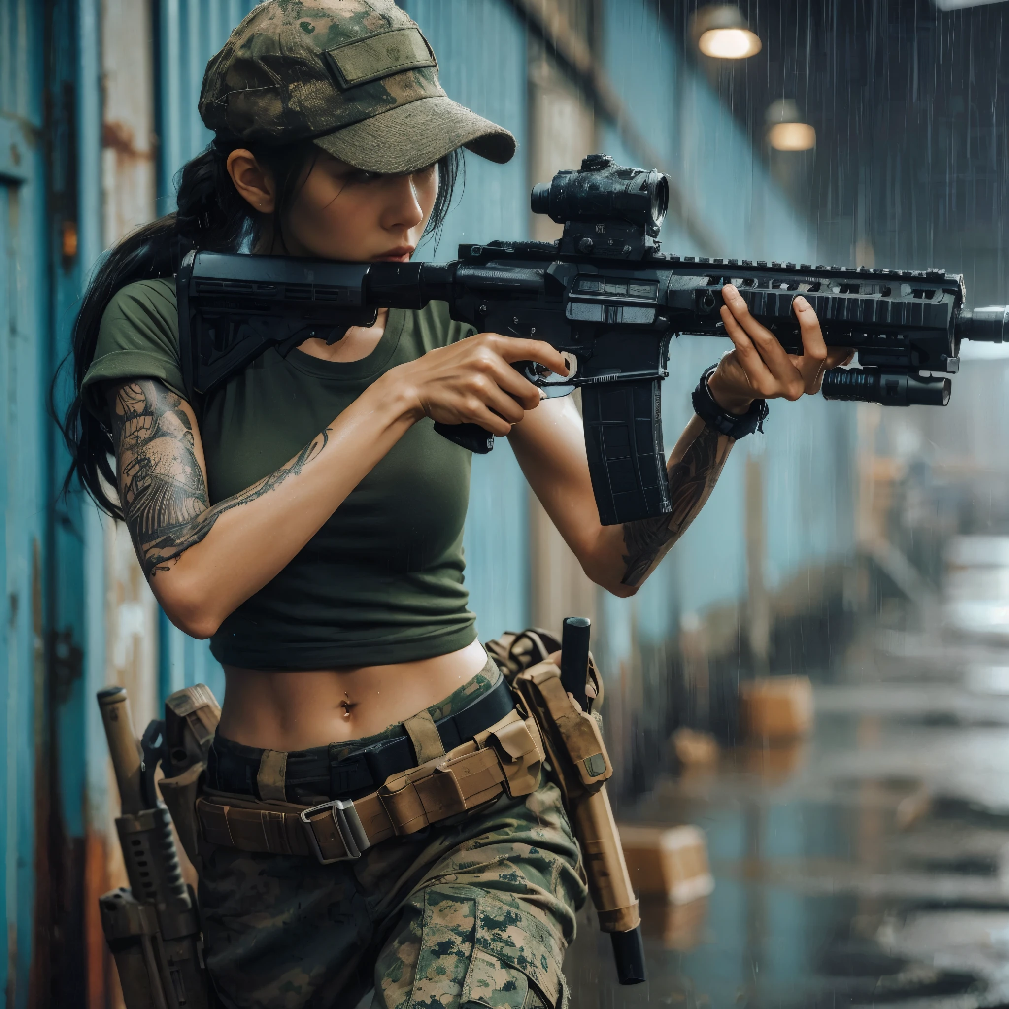 (best quality,8k,photorealistic:1.37),realistic skin texture, beautiful Japanese female marine, aiming with an assault rifle, old warehouse district by the harbor, green t-shirt, cap, braided hair, military pants, boots, dynamic pose, running along the warehouse wall, gunfight, daring assault, tattoos, getting wet in the rain, thunderstorm, toned body, muscles, anger, bold composition