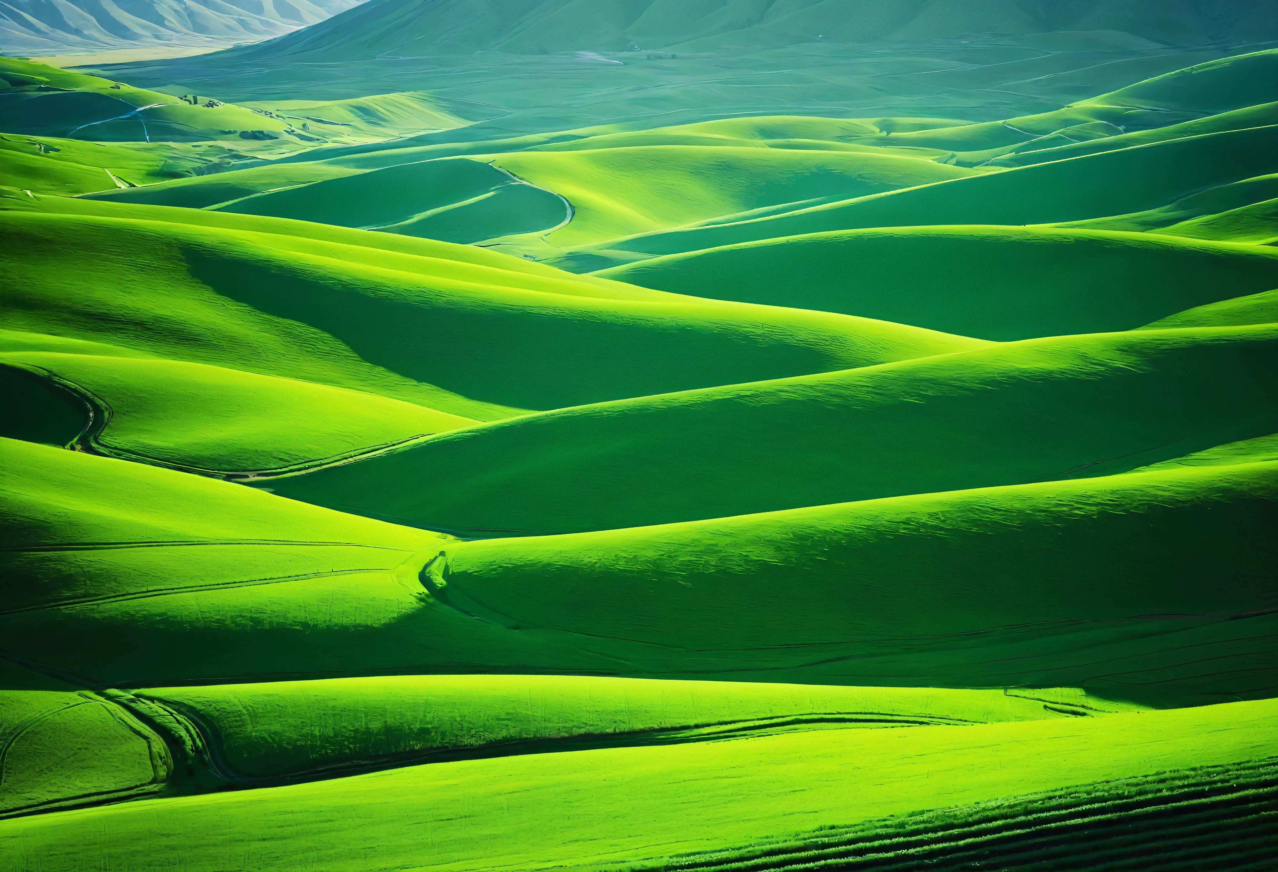 Artistic minimal green valley vista captured with a blend of documentary, editorial, and magazine photography techniques --ar 3:4 --stylize 250