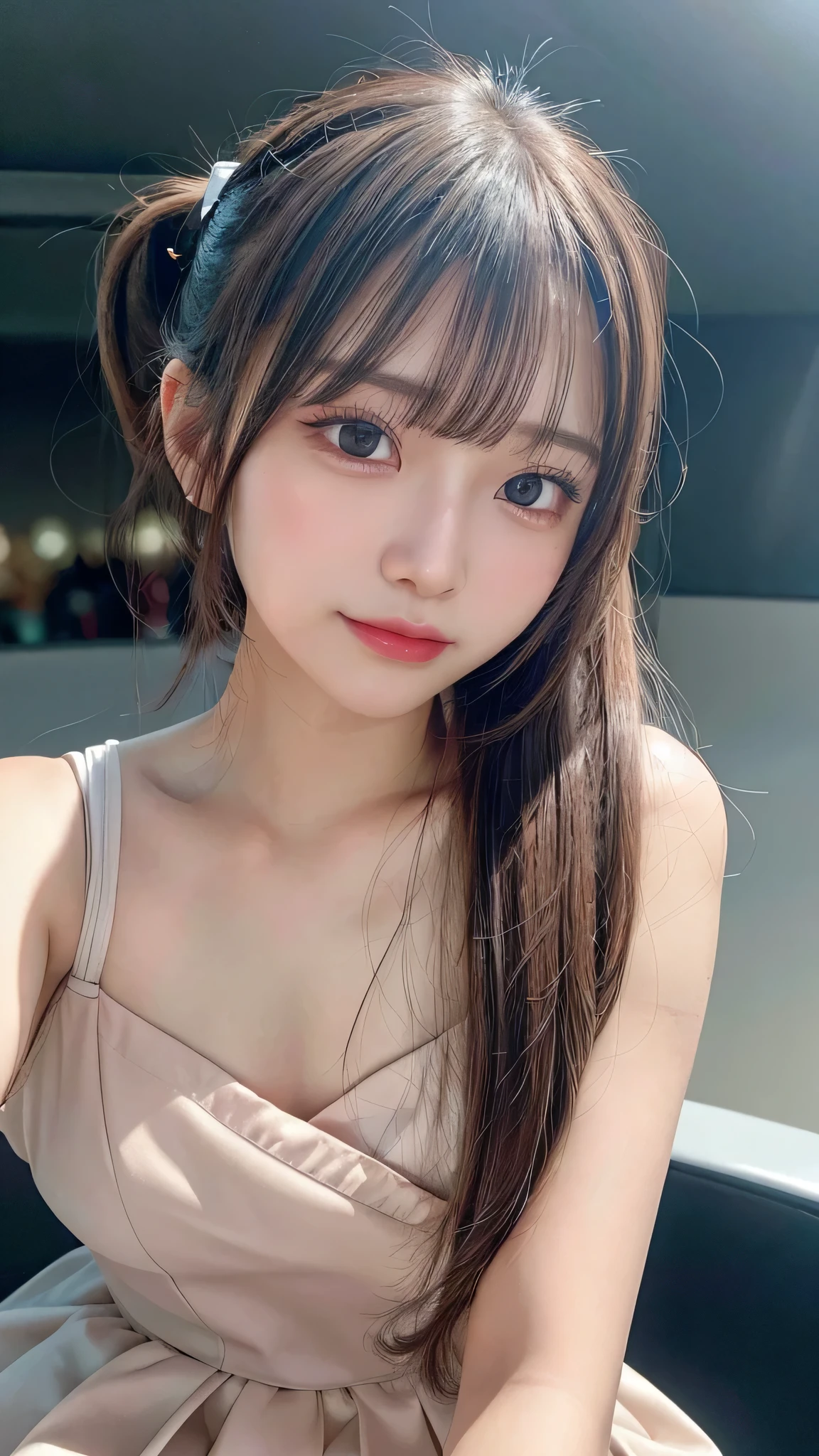 close up of face,blush,face forward,close up of face,small breasts,,long hair ponytail,concert,on stage,((8K, Raw photo, best quality, muste piece:1.2), (Reality, photorealistic:1.4), (Highly detailed 8K wallpaper), Depth of the bounds written, cinematic lighting, soft light, detailed beauty eye,Shiny and smooth light brown ponytail, asymmetrical bangs, shiny skin, super detailed skin ,high resolution, high detail, detailed hairstyle, detailed beauty face, hyper real, perfect limbs, perfect anatomy ,1 Japanese girl,famous japanese idol, perfect female body,shy smile,short eyelashes,double-edged eyelids,look straight here,Hair style is ponytail、She is wearing a skirt with lots of frills,pose is random,Pink frilly dress,close up of face