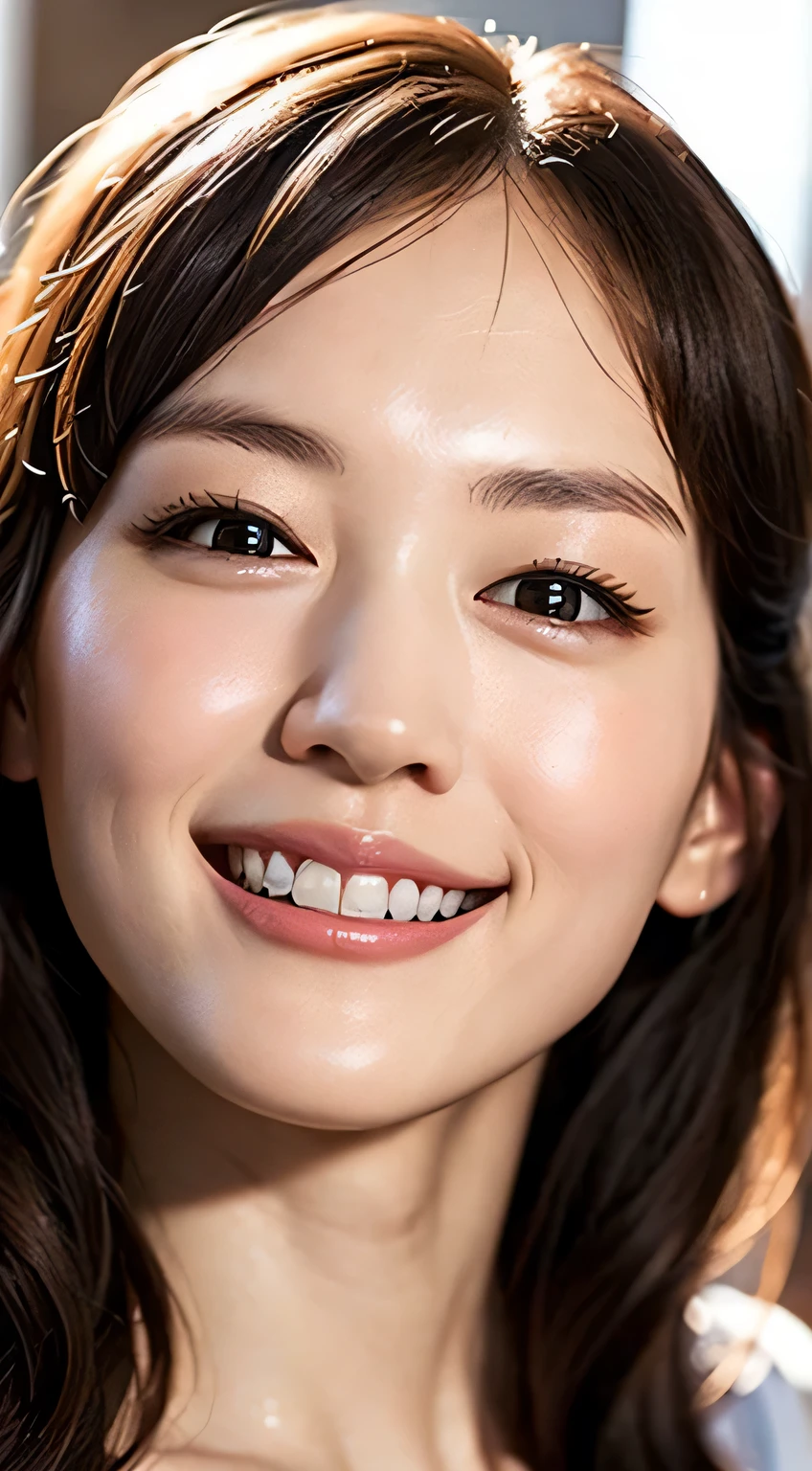 Highly detailed CG Unity 8K wallpaper, top quality, Super detailed, table top, realistic, photo-realistic, Highly detailed cute girl, 25 years old, ,, whole body , ,Huge ,black eye,Drooping eyes，smile showing teeth，