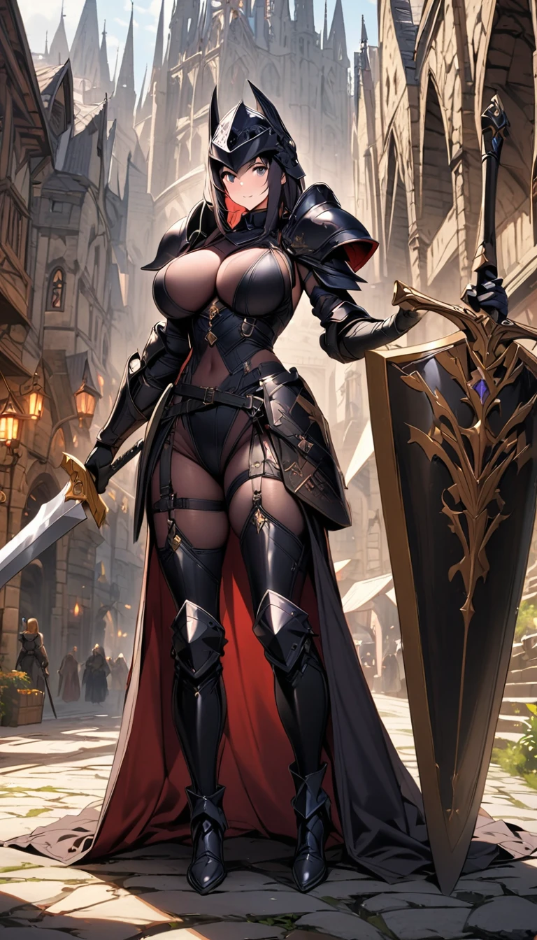 High-tech black knight suit High Tech Black Knight Tactical Helmet female knight Great Sword and Shield Big Breast expansion Fantasy World medieval city full-body shot