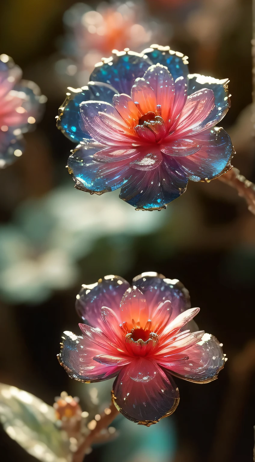 Crystal Spring Flower,
fantasy, galaxy, transparent,
sparkling, Glittering, brilliant, rich and colorful,
amazing photography, dramatic lighting, photorealism, Super detailed, 4K, depth of field, high resolution