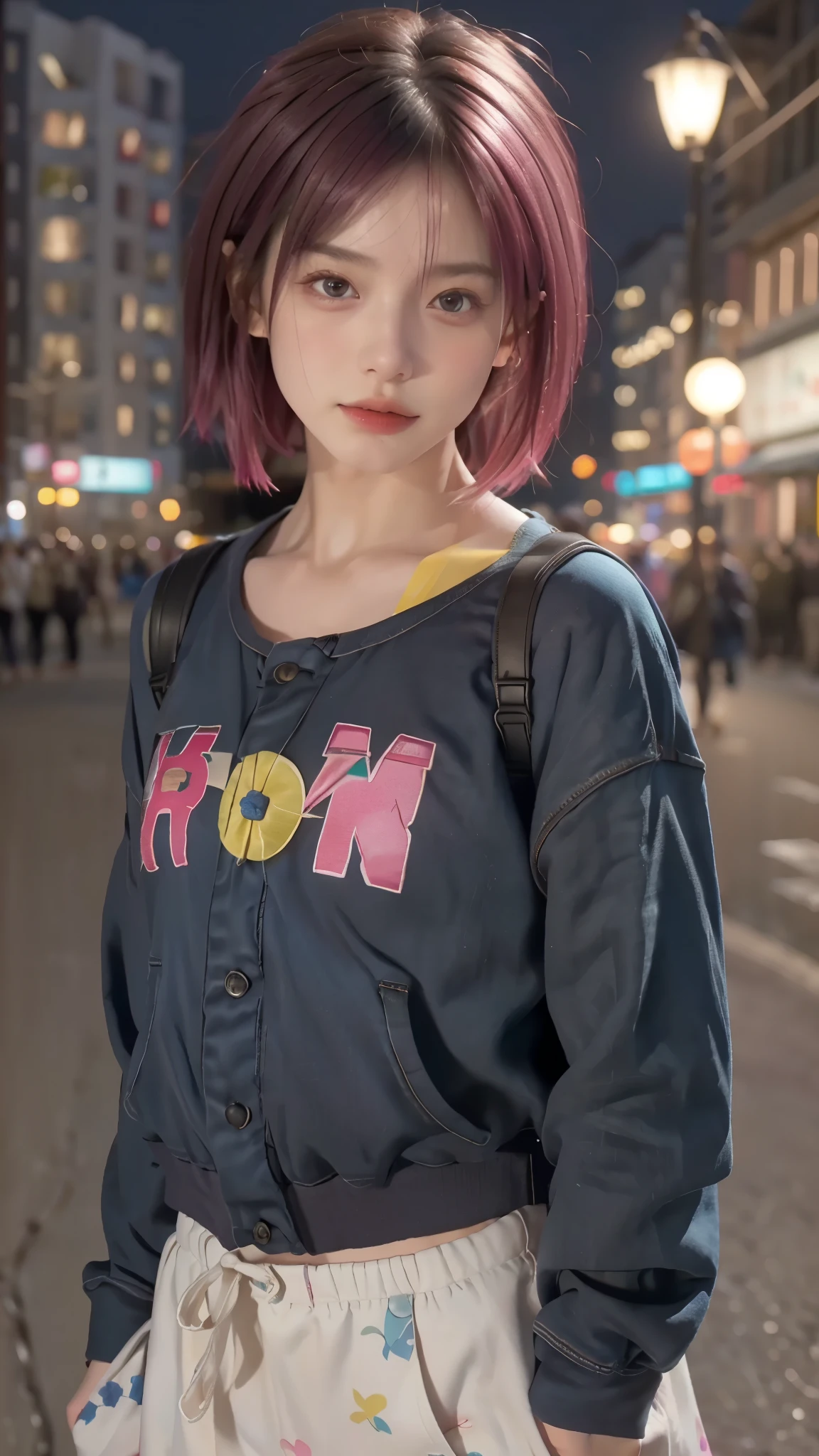 RAW shooting,12K, 最high quality, masterpiece, 超High resolution, (realistic:1.4), Raw photo, 1 girl,, short hair, (masterpiece, 最high quality, high quality, High resolution, Super detailed),pink hair, (Night lights:1.4), Cyberpunk attire、Layer Color、Clothes with many zippers、baggy clothes、White, pink, blue and yellow colored clothes、looking at the viewer、near future