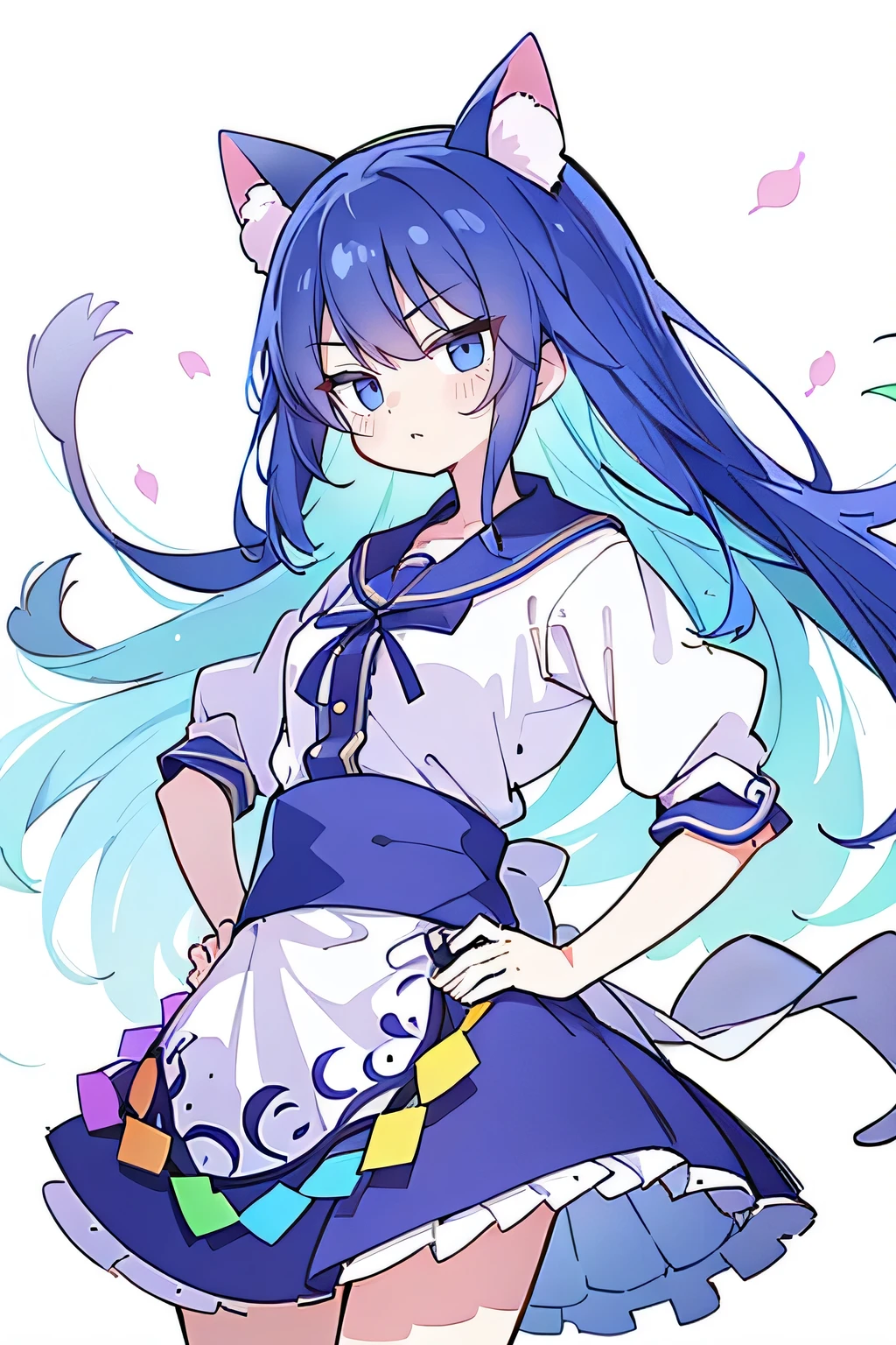 (masterpiece),best quality, expressive eyes, perfect face, 1girl,
Put your hands on your waist,fair, Gorgeous,Japanese cartoons,girl,lola,Hina Angel, blue hair, blue haired, floating clothes,Grab your waist, Grab your waist, hands on hips , hands on hips,sit, sit on ground, Legs on the ground, flat chest,cat ears,Petals fall,