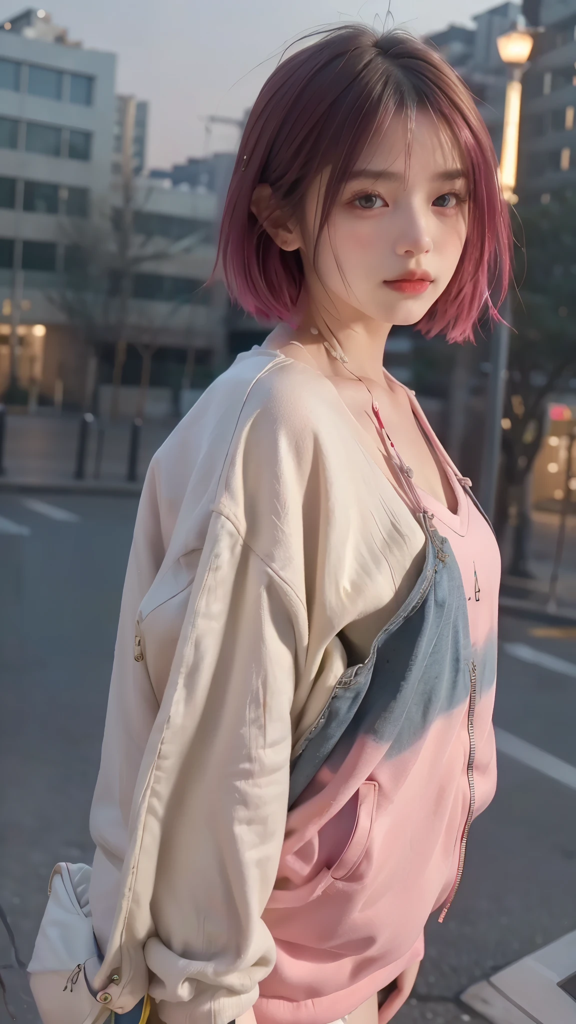 RAW shooting,12K, 最high quality, masterpiece, 超High resolution, (realistic:1.4), Raw photo, 1 girl,, short hair, (masterpiece, 最high quality, high quality, High resolution, Super detailed),pink hair, (Night lights:1.4), Cyberpunk attire、Layer Color、Clothes with many zippers、baggy clothes、White, pink, blue and yellow colored clothes、looking at the viewer、near future