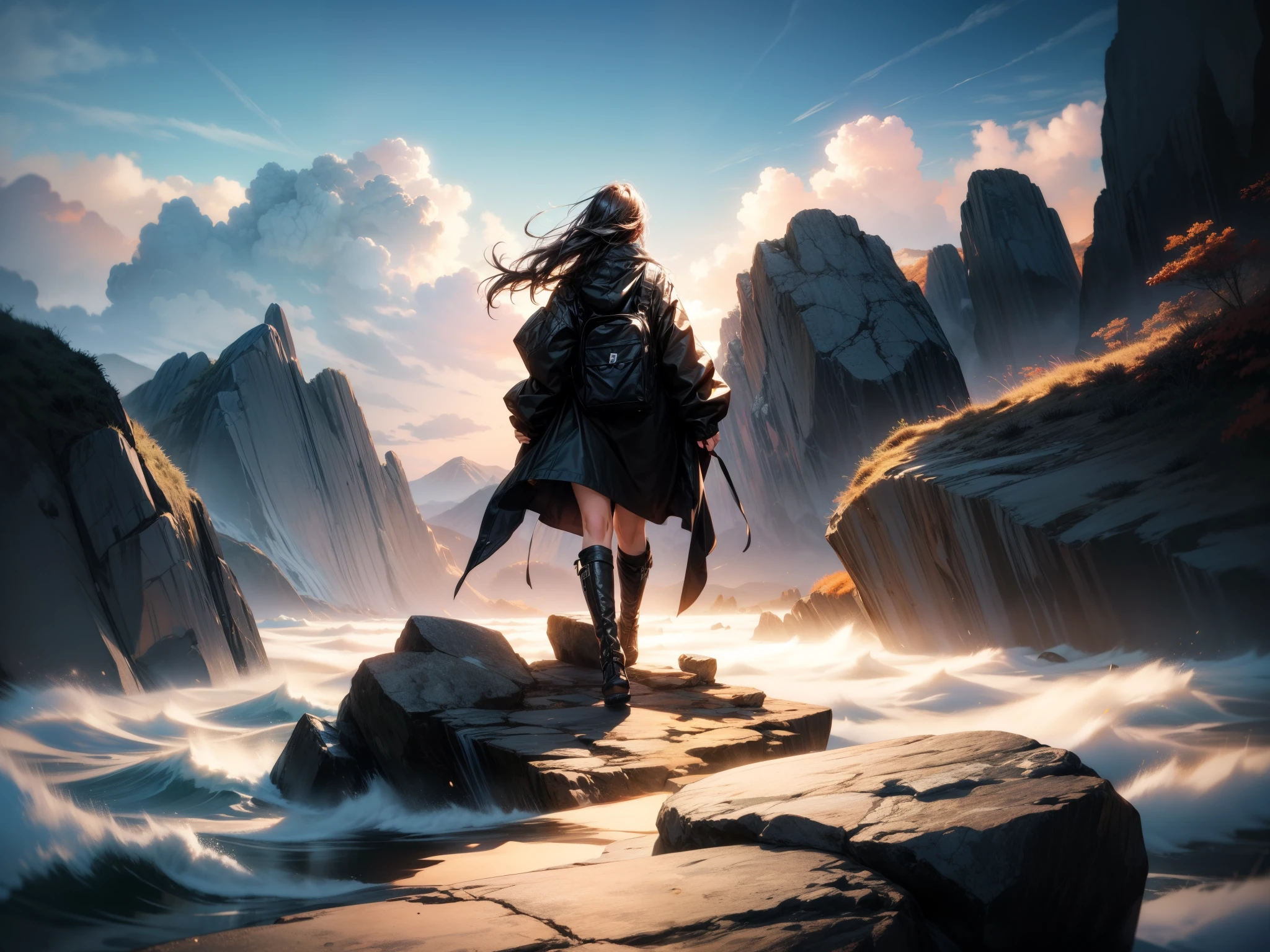 (masterpiece, best quality:1.2), Super details, movie lighting, high dynamic range, illustration, huge rocks serve as habitats in the sea, Fall, sea of clouds, rich and colorful, Woman traveling, mystery, Very detailed, high contrast, golden ratio composition, Epic views, masterpiece