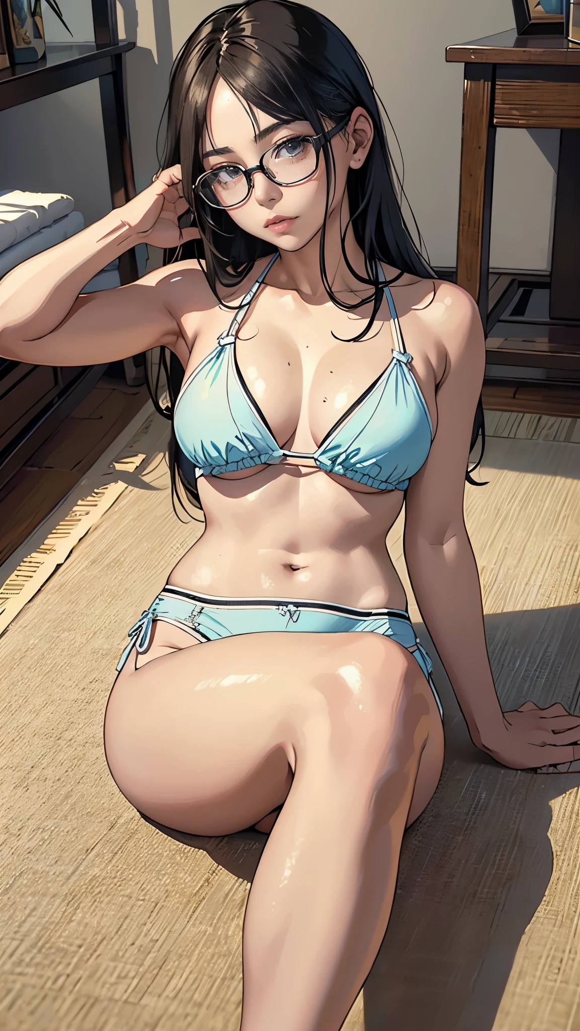 ( ultra-realistic rendering, highest quality), ((highest quality, 16k, masterpiece: 1.3)), There is a woman sitting on the floor with her legs crossed., with glasses, japanese model, with glasses on, With square glasses, young sensual gravure idol, yasumoto oka, Real young gravure idol, no glasses, Yoshitomo Nara, aoi ogata, wearing glasses, surreal, ((beautiful skin)),((skin texture)),((Real Touch)), healthy, ruddy skin,