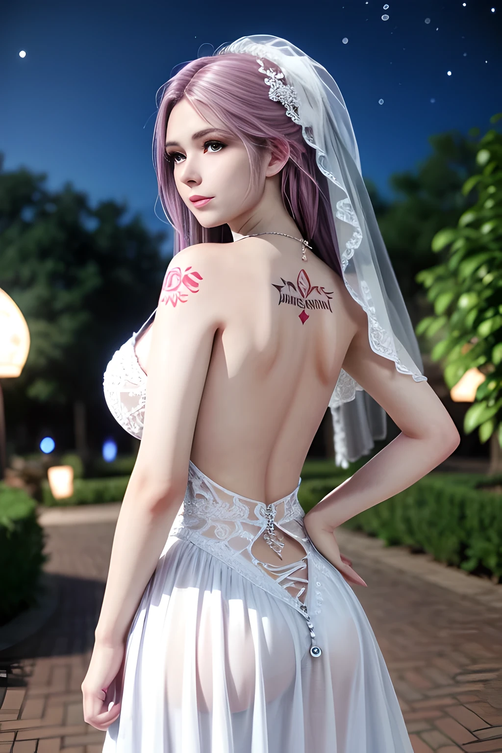 1 girl,standing posture,(( Backless Wedding Dress, see-through)), outdoor,elegant,nighttime,moonlighe,shiny skin,( huge breasts:1.1), lip gloss,( tattoos:1.3), masterpiece, best quality, realistic ,Surrealism,,Rich artistic colors, 8K,soft shadows,Portrait art,solo,  elise,