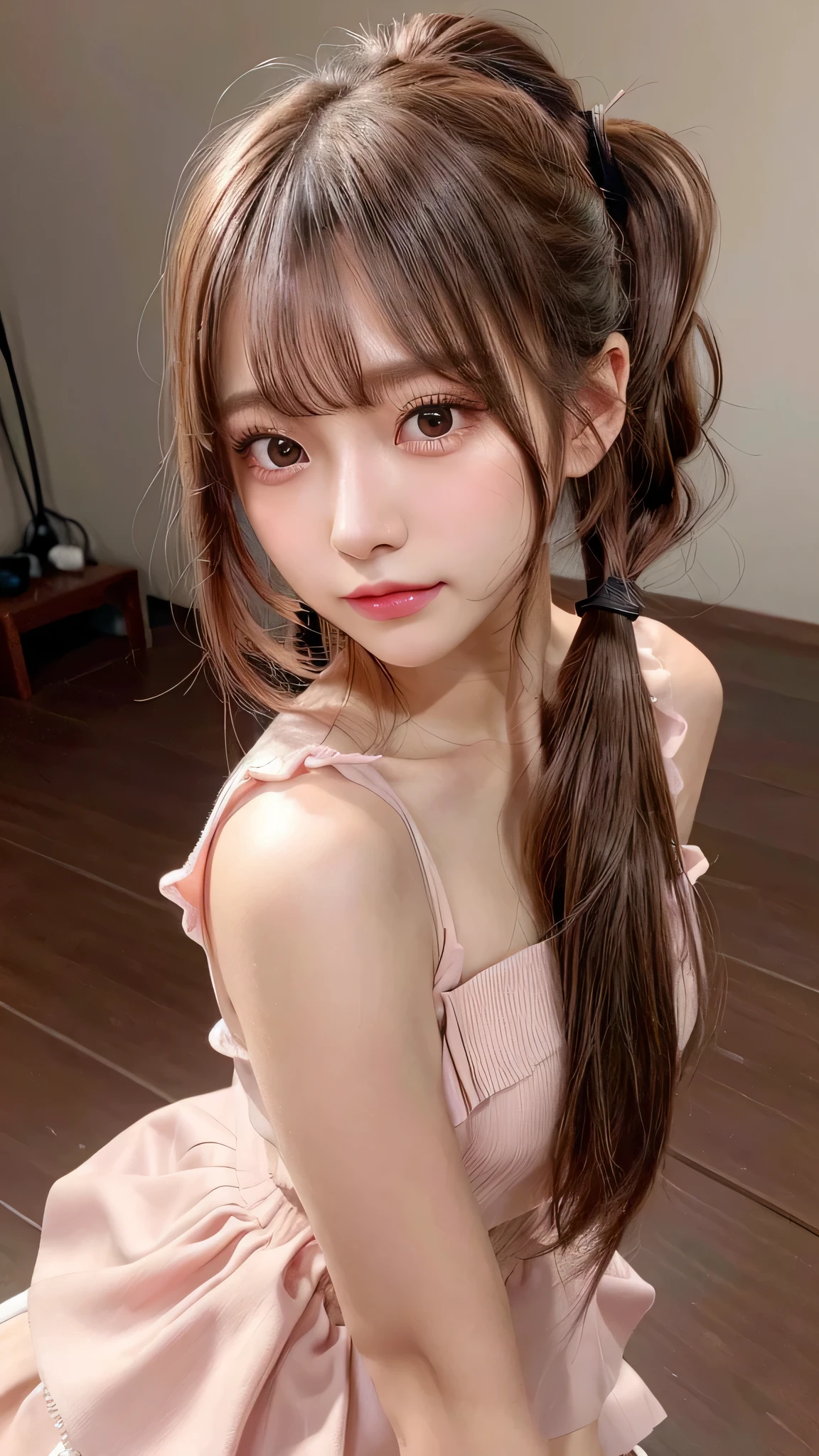 close up of face,blush,face forward,close up of face,small breasts,,long hair ponytail,concert,on stage,((8K, Raw photo, best quality, muste piece:1.2), (Reality, photorealistic:1.4), (Highly detailed 8K wallpaper), Depth of the bounds written, cinematic lighting, soft light, detailed beauty eye,Shiny and smooth light brown ponytail, asymmetrical bangs, shiny skin, super detailed skin ,high resolution, high detail, detailed hairstyle, detailed beauty face, hyper real, perfect limbs, perfect anatomy ,1 Japanese girl,famous japanese idol, perfect female body,shy smile,short eyelashes,double-edged eyelids,look straight here,Hair style is ponytail、She is wearing a skirt with lots of frills,pose is random,Pink frilly dress,close up of face