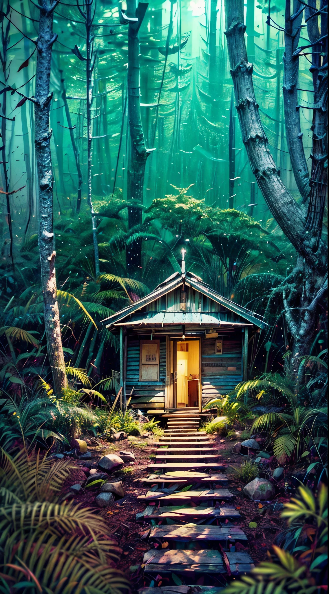 (Masterpiece, Best Quality: 1.2), (Highres: 1.1), (Highest Quality), (Master's Work), Facing Viewer, Dynamic Angle, In the heart of a dense, eerie forest, there lies an old shack. It’s been abandoned for years, yet it holds a chilling presence that sends shivers down the spine of anyone who dares to approach. As night falls, a dramatic light begins to glow from within the shack, casting long, monstrous shadows that dance on the forest floor. Suddenly, a horror unlike any other begins to unfold. The light from the shack starts to diffuse steadily into the forest, revealing secrets that were better left undiscovered