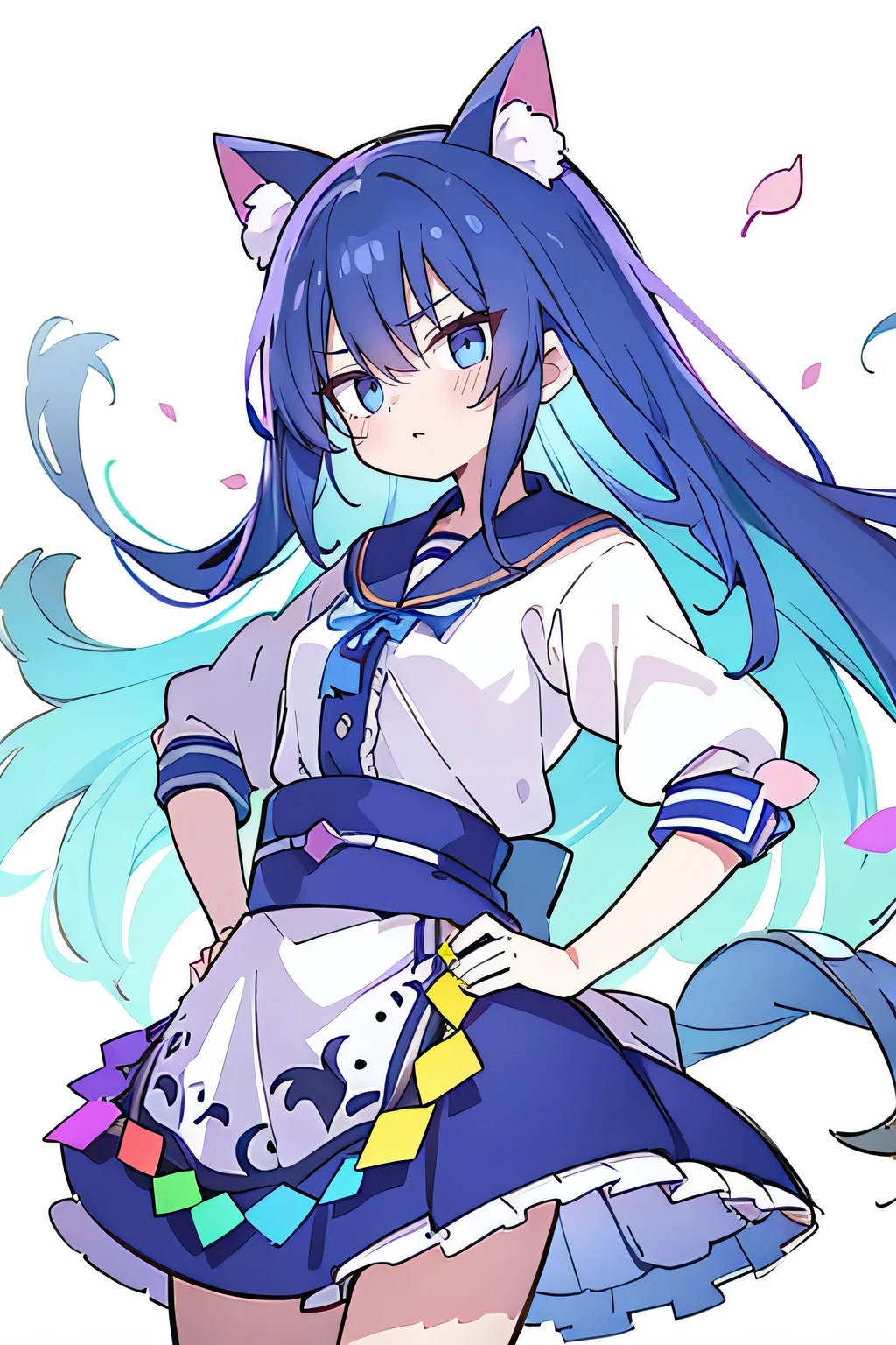 (masterpiece),best quality, expressive eyes, perfect face, 1girl,
Put your hands on your waist,fair, Gorgeous,Japanese cartoons,girl,lola,Hina Angel, blue hair, blue haired, floating clothes,Grab your waist, Grab your waist, hands on hips , hands on hips,sit, sit on ground, Legs on the ground, flat chest,cat ears,Petals fall,