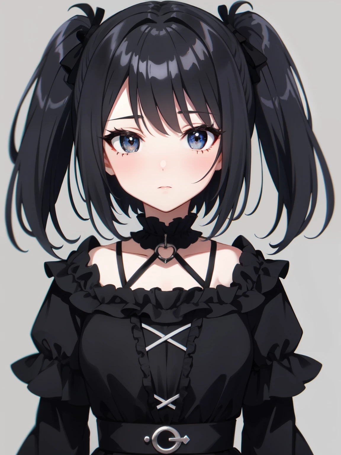 1 girl, black hair, black eye,simple background,gothic fashion,bob hair,anime drawing
