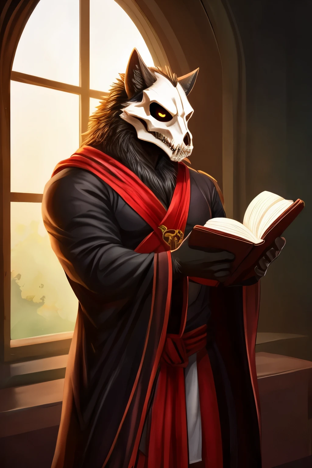 furry anthro Dark fured with white skulled Skull wolf with satanic robe cloth and red halo up his head with satanist religion, with a pentacle book
