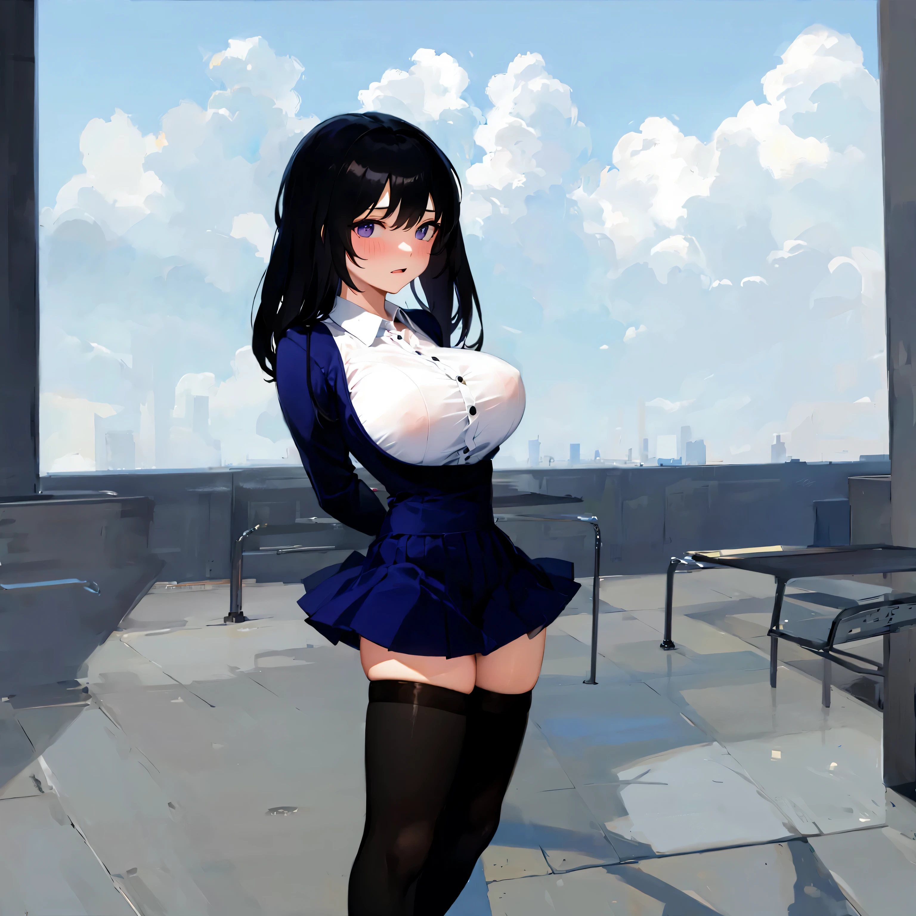 solo,  girl standing in school, (dark blue one-piece), very short skirt, black thighhighs, BREAK, black hair, black eyes, (bouncing large breasts), (swinging back), arms behind back, BREAK, nose blush, embarrassed, (nsfw:0.3), orgasm, (show off wet crotch)