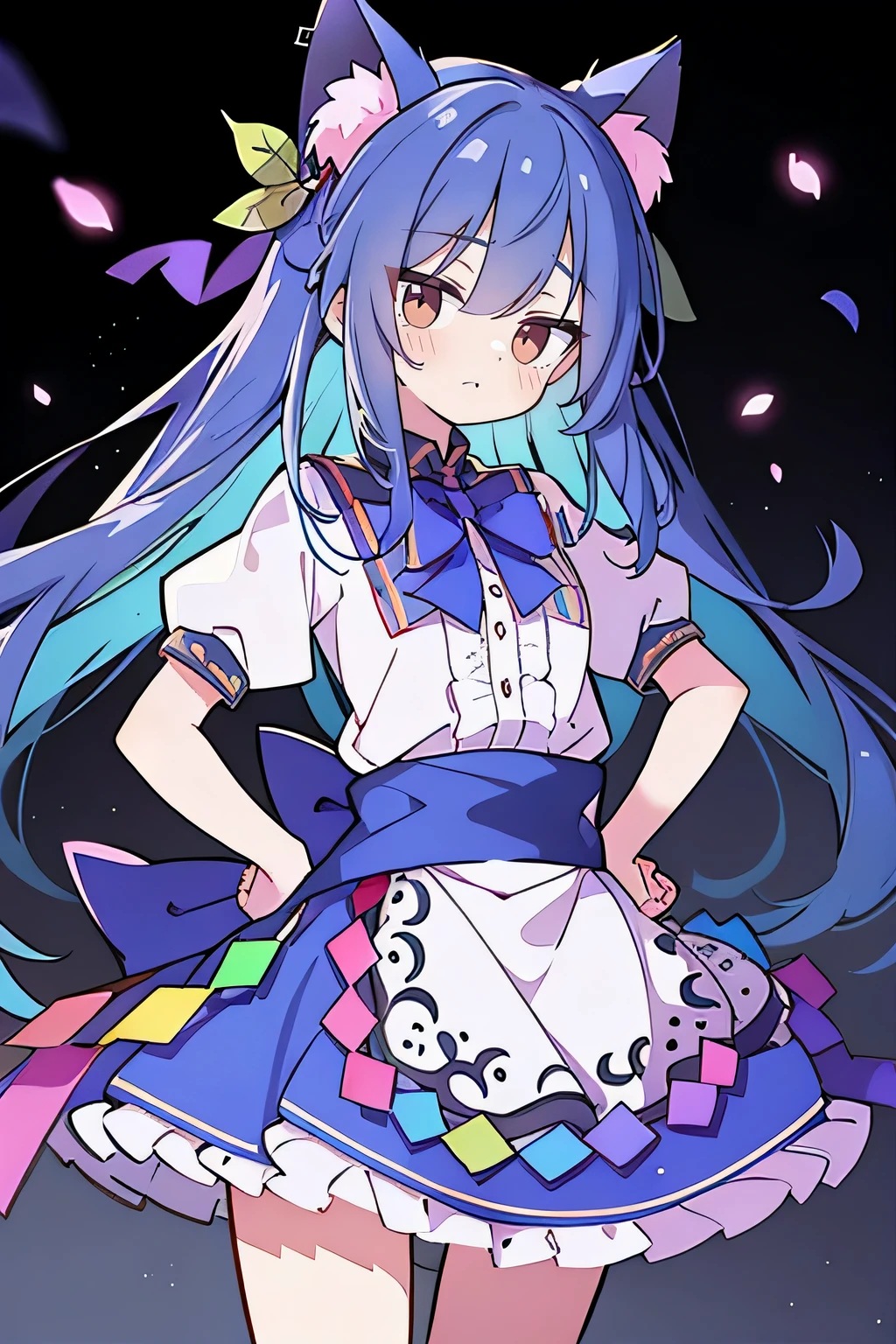 (masterpiece),best quality, expressive eyes, perfect face, 1girl,
Put your hands on your waist,fair, Gorgeous,Japanese cartoons,girl,lola,Hina Angel, blue hair, blue haired, floating clothes,Grab your waist, Grab your waist, hands on hips , hands on hips,sit, sit on ground, Legs on the ground, flat chest,cat ears,Petals fall,