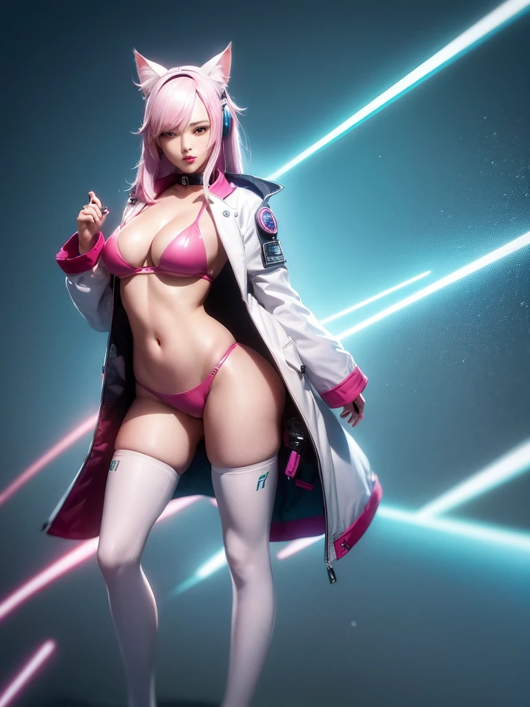 A (photo-realistic) of japanese beauty (cat-ears) woman, a colorful streaks hair. A glossy white teal cyberpunk headphone, wearing white teal cyberpunk sci-fi armor jacket, with high collar jacket long tail coat, (pink bikini), (big boob), (cleavage), wears white pink white armor boots. standing dynamic pose with shaking her hair with her hand while laughing cheerfully in urban night street. ray-traced, unreal engine 5, hyper realistic, octane render, stunning amazing scene
