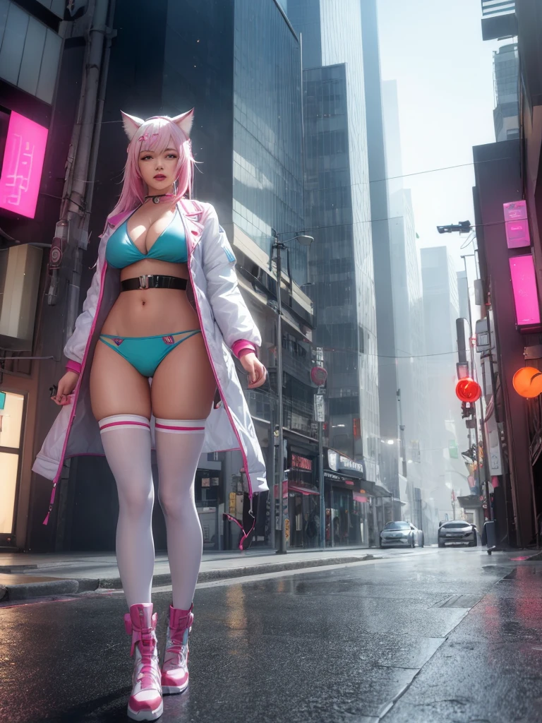 A (photo-realistic) of japanese beauty (cat-ears) woman, a colorful streaks hair. A glossy  white teal cyberpunk headphone, wearing white teal cyberpunk sci-fi armor jacket, with high collar jacket long tail coat, (pink bikini), (big boob), (cleavage), wears white pink white armor boots. standing dynamic pose with shaking her hair with her hand while laughing cheerfully in urban night street. ray-traced, unreal engine 5, hyper realistic, octane render, stunning amazing scene