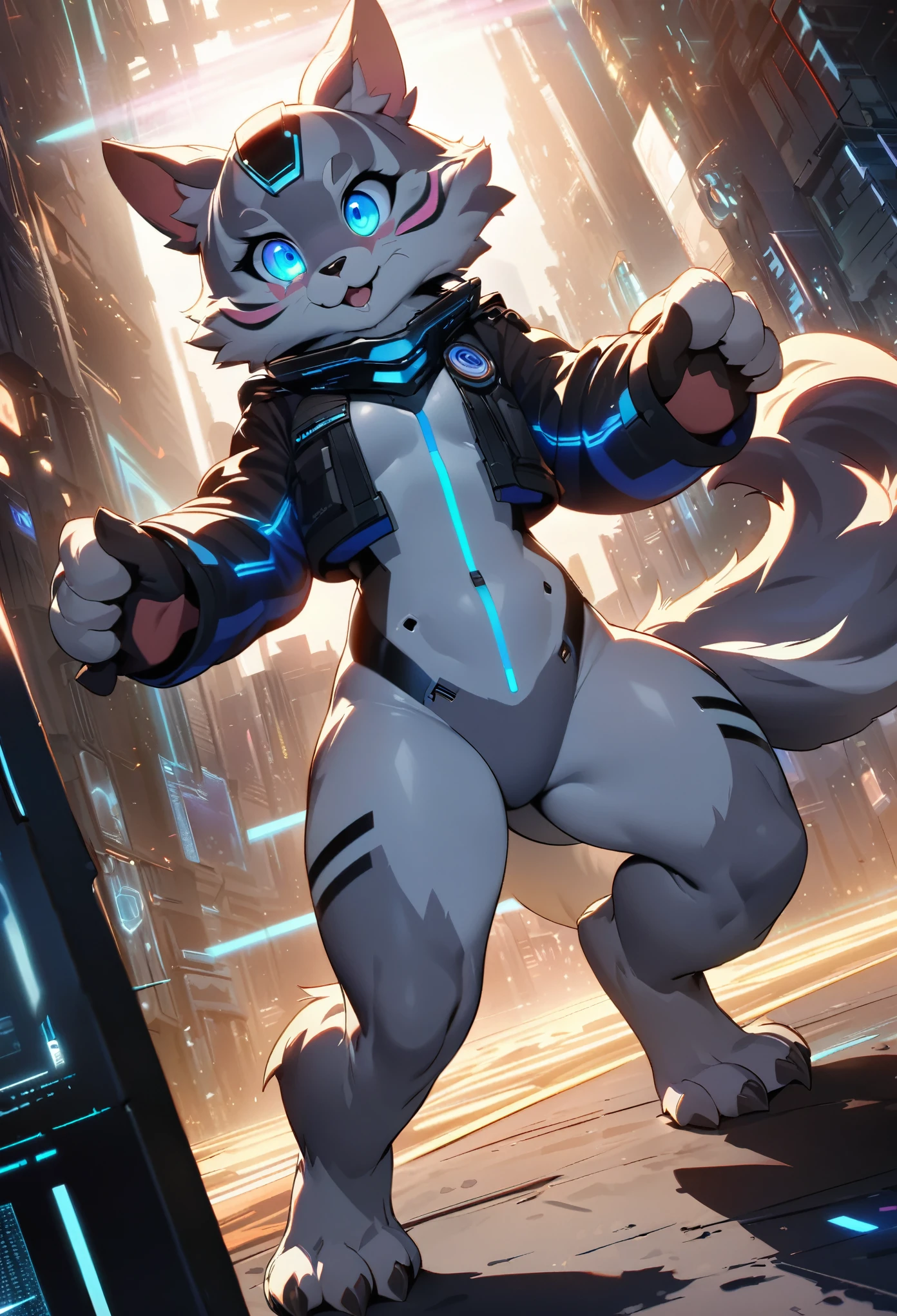 top quality, best quality, High-quality illustrations, masterpiece, super high resolution, detailed background, glow line hologram, cyber space, Time patrol, absurdres(highly detailed beautiful face and eyes)perfect anatomy, expression, caustics, dynamic lighting, cinematic shadow(kemono, furry anthro)assorted poses, dynamic angle,