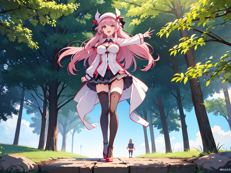 (Patchouli toho character), (standing at lakeside forest), outside, (standing with open legs wide:1.6), (arms behind back), (bending back), tiptoe, pigeon toed, BREAK, (disproportionately gigantic huge breasts:1.2), cleavage, inconceivably thin waist, very short torso, (thin long legs apart:1.23, BREAK, very short miniskirt, thigh gap, (black thighhighs:1.2), highheels, BREAK, smile for viewer, open mouth, nose blush, full body, (pussy juice)