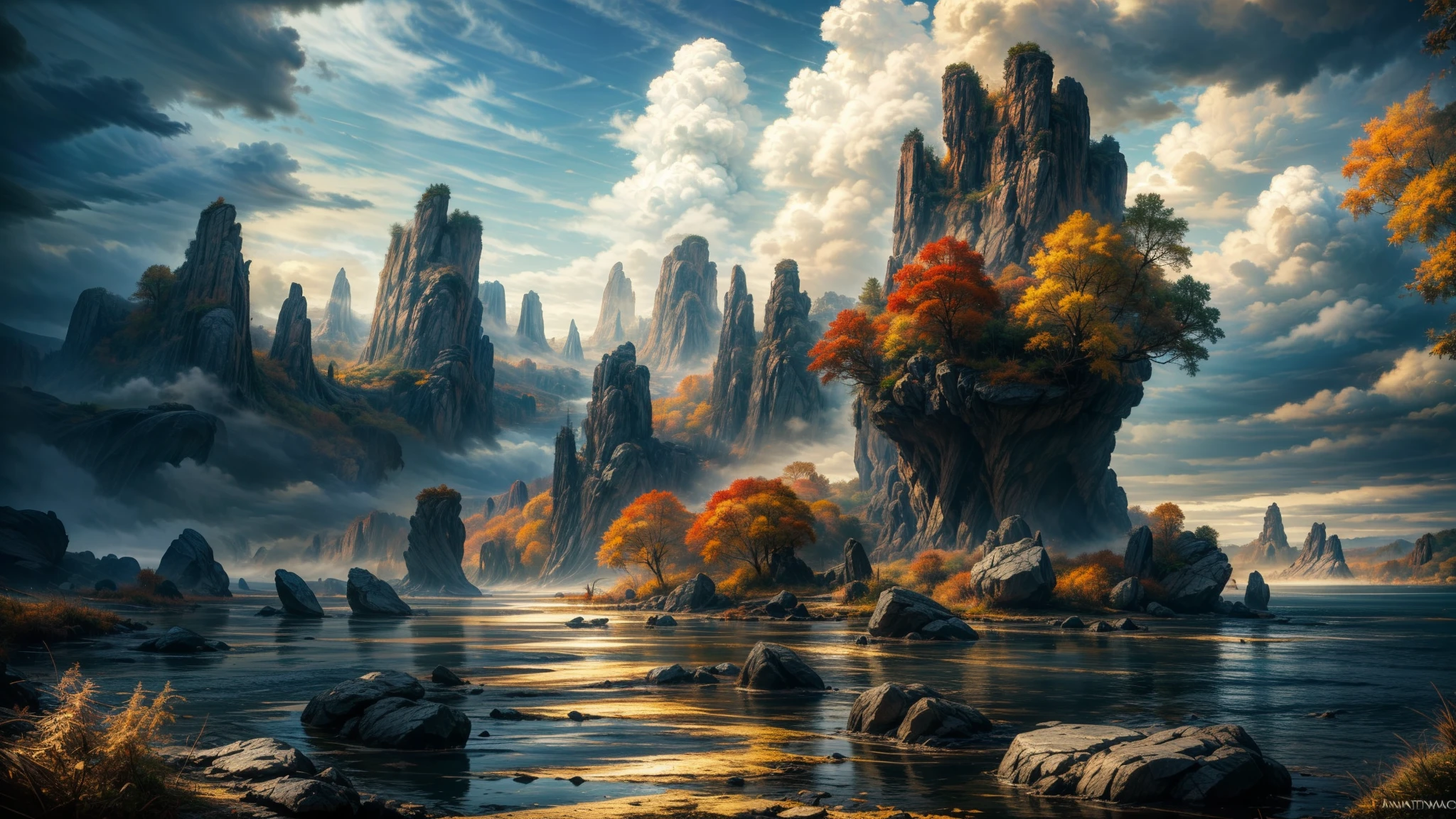 (masterpiece, best quality:1.2), Super details, movie lighting, high dynamic range, illustration, Fantasy, huge rocks serve as habitats in the sea, floating island, Fall, cloud, fog, rich and colorful, Woman traveling, mystery, Very detailed, high contrast, golden ratio composition, Epic views, masterpiece