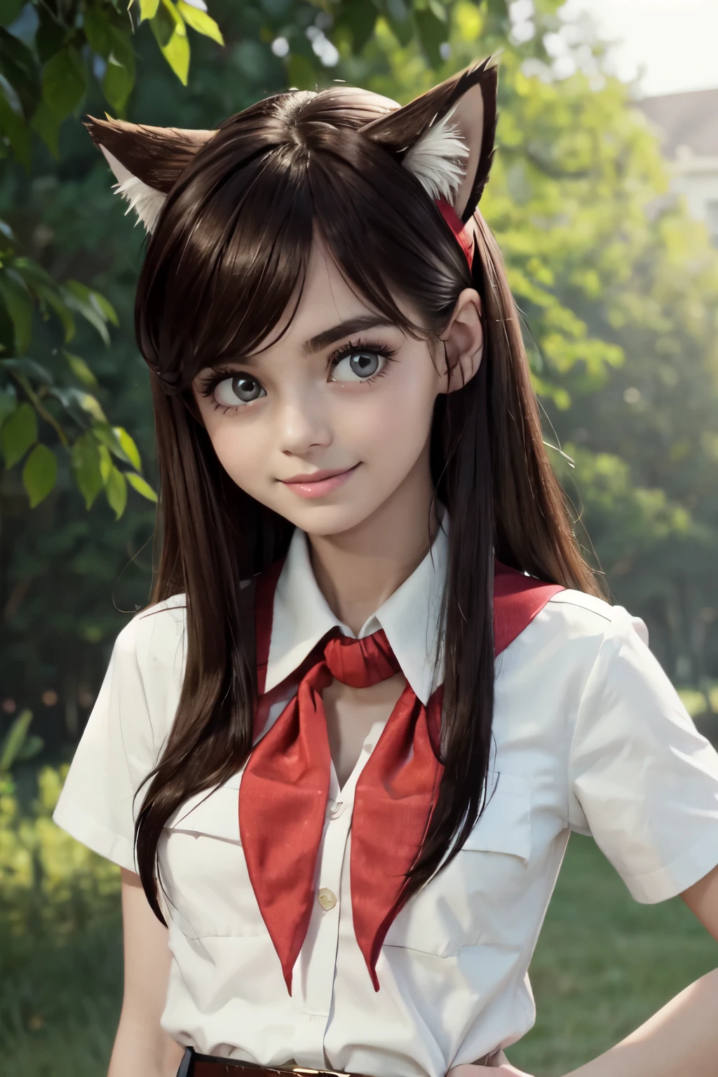 very young slim fit girl, at full height, rounded face, very long disheveled dark brown hair, big brown eyes, shy smile, accurate eyebrows, perfect flat breast, band on head with fake cat ears, parororo, pioneer neckerchief, blue thight microskirt, bangs, shirt, collarbone, white shirt, short sleeves, (collared shirt:1.3), belt, eyelashes, (red neckerchief:1.3), breast pocket, accurate small snub nose, ariawm