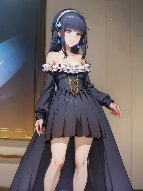 full body, 1 girl, black hair, shoulder length hair, black eyes, small breasts, detailed background, highres, highly detailed face, Detailed eyes, good proportions, commanding pose, evil smile, royalty, princess, loose dress, crown, jewels,
