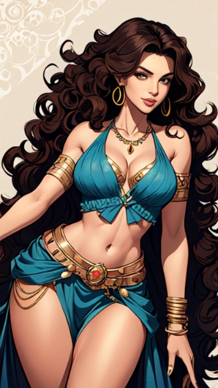 1woman 30year old, solo, long curly hair, looking at viewer, navel, cleavage, bare shoulders, detailed eyes, shy smile,jewelry, medium breasts, earrings, midriff, belt, necklace, bracelet, lips, armlet, ((dynamic pose)), ((dynamic angle)),