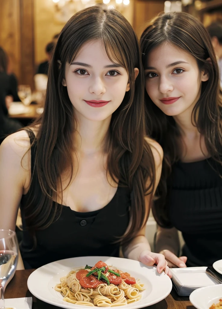 19 year old beautiful girl、Half Japanese and half British、Highest image quality、realistic、16K、beautiful woman、long hair、baby face、slim、With bangs、larger breasts、A neat black long dress、at a fancy restaurant、Eat Italian、Pasta on the table、holding a wine glass、panoramic、whole body、Taken from a distance、smile