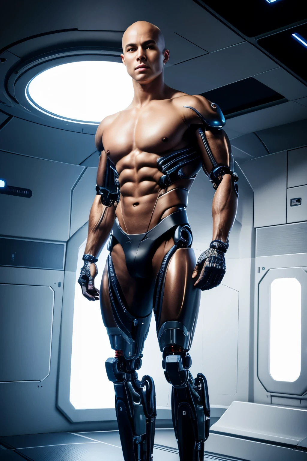 RAW photo, (full body shot), ((cybernetic)) artificial organism similar to a young ((18yo man)), bald heads, muscular slender relief body, bulged six pack abs, beautiful young face, plump lips, in full growth standing tall on a spaceship, ((masterpiece)), ((bestquality)), 8k,high detailed, ultra-detailed, Neutral Expression, Stylish Pose, real skin texture, cinematic lighting, (full body shot) , (natural pose:1.2) , (detailed beautiful skin:1.2) , (beautiful detailed face:1.2) , textured skin, (detailed face and eyes:1.3)