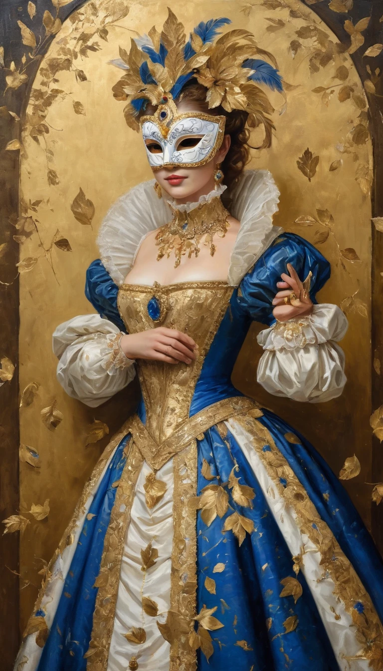 (best quality, masterpiece:1.2), (gold leaf art:1.2), oil painting on canvas, Renaissance Venetian carnival, portait full body, beautiful woman in a white and blue dress and a decorated mask on her face, gold decorations on the mask and dress, strong brush strokes, gold leaves glued in places of gold decorations, gold leaf art,