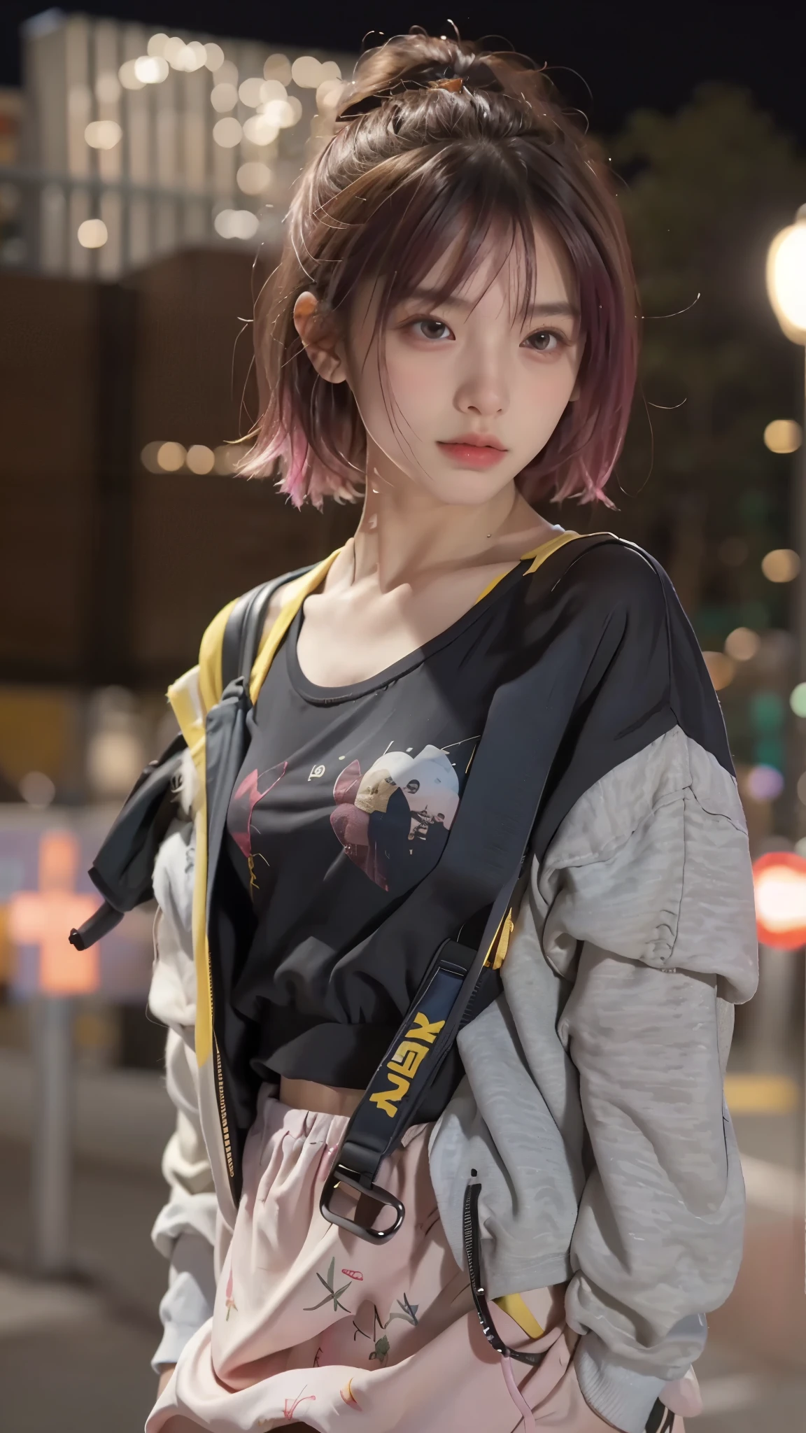 RAW shooting,12K, 最high quality, masterpiece, 超High resolution, (realistic:1.4), Raw photo, 1 girl,, short hair, (masterpiece, 最high quality, high quality, High resolution, Super detailed),pink hair, (Night lights:1.4), Cyberpunk attire、Layer Color、Clothes with many zippers、baggy clothes、White, pink, blue and yellow colored clothes、looking at the viewer、near future、looking at the camera