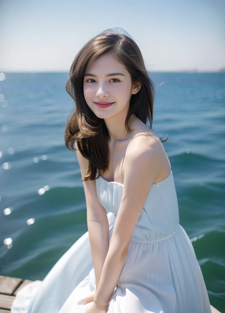 17歳のbeautiful girl、Japanese、Highest image quality、realistic、16K、beautiful woman、long hair、slim、beautiful girl、young and beautiful, beautiful cute girl, A woman in a white dress stands on a pier with her arms outstretched, near a jetty, sky blue dress, At the beach, standing by the sea, portrait in light blue dress, girl looking at the ocean waves, Background sea, sea queen mu yanlin, on the sea, lady, Background sea、panoramic、smile