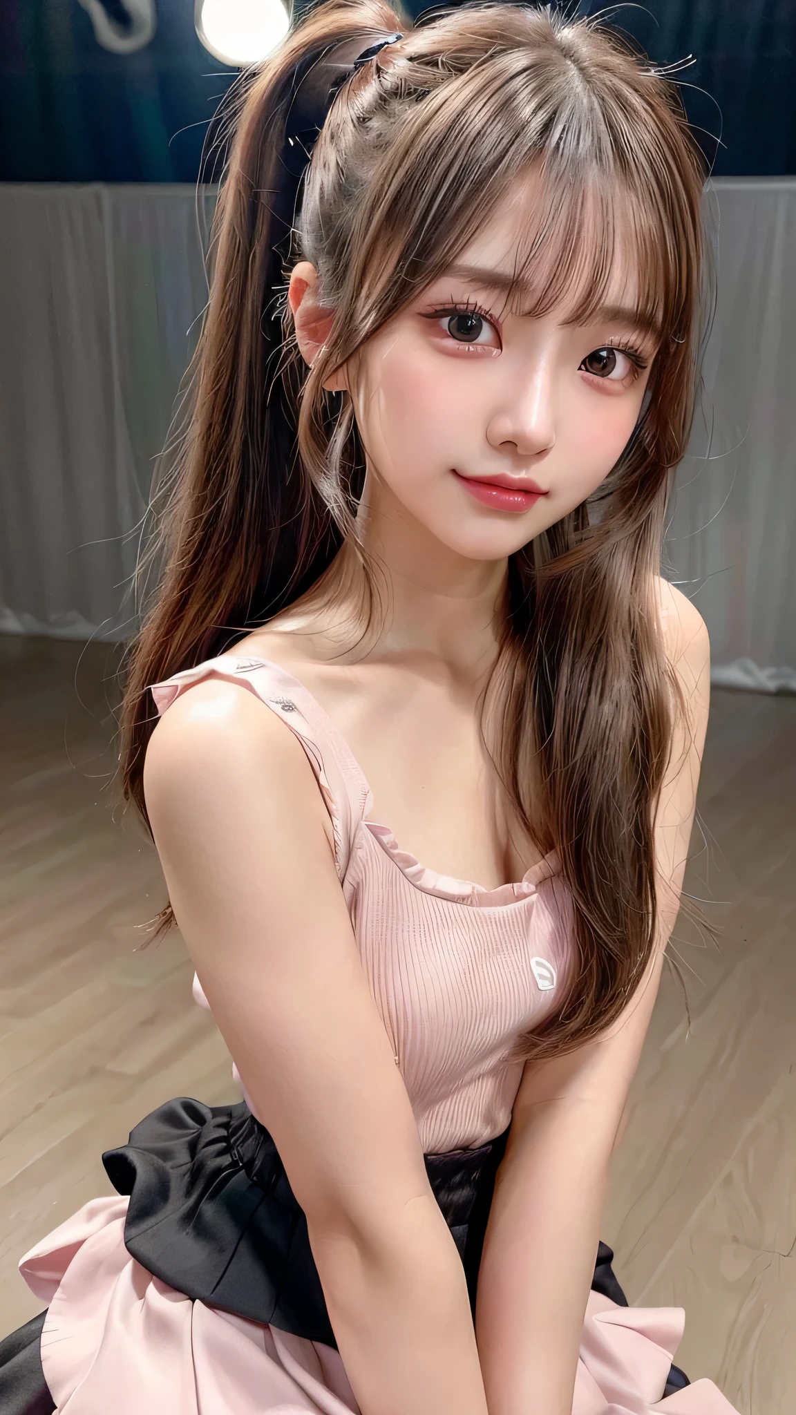 close up of face,blush,face forward,close up of face,small breasts,,long hair ponytail,concert,on stage,((8K, Raw photo, best quality, muste piece:1.2), (Reality, photorealistic:1.4), (Highly detailed 8K wallpaper), Depth of the bounds written, cinematic lighting, soft light, detailed beauty eye,Shiny and smooth light brown ponytail, asymmetrical bangs, shiny skin, super detailed skin ,high resolution, high detail, detailed hairstyle, detailed beauty face, hyper real, perfect limbs, perfect anatomy ,1 Japanese girl,famous japanese idol, perfect female body,shy smile,short eyelashes,double-edged eyelids,look straight here,Hair style is ponytail、She is wearing a skirt with lots of frills,pose is random,Pink frilly dress,close up of face