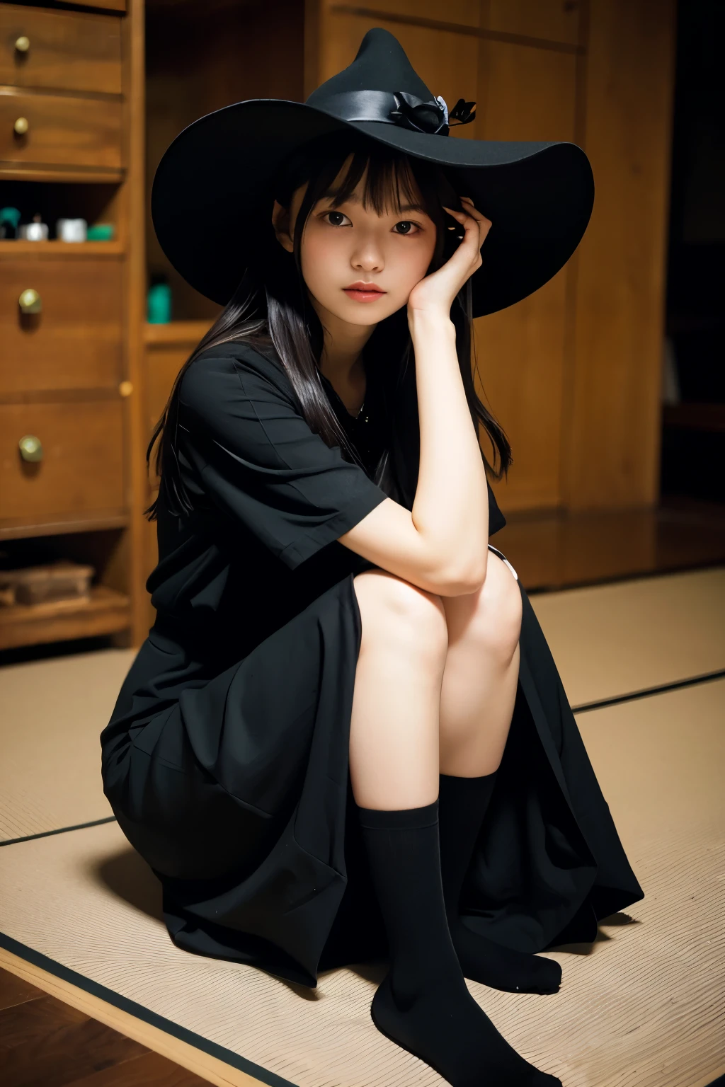 (masterpiece, Best Quality:1.2), 8K, Official art, Raw photo, cute face, beautiful face, real human skin, 25 years old, 1 japanese girl, a woman sitting on a floor with a globe in her hand, dark room with a lot of medicine bottles, black witch's closes, long skirt, black stockings, and black magical hat. the night unfolds in all its splendor. The darkness embraces the room, allowing the outside world to fade away.