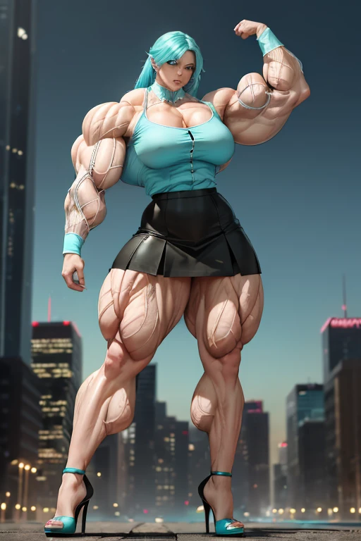 (((((Massive beautiful, buff, bulky, pale white skinned muscular, woman with cyan hair, ginormous bulky muscles and wearing a cyan unbuttoned long sleeve blouse and a black skirt))))), close view, ((sunglasses)), vascular, massive muscle, massive biceps, hyper muscle shoulders, vascular shoulders, hyper muscle triceps, (beachy long hair), purple eyes, (high heels), smirk, in a city at evening, Vascular arms, hyper vascular arm, hyper muscles arms, hyper muscle legassive buff arms))