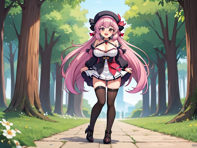 (Patchouli toho character), (standing at lakeside forest), outside, (standing with open legs wide:1.6), (arms behind back), (bending back), tiptoe, pigeon toed, BREAK, (disproportionately gigantic huge breasts:1.2), cleavage, inconceivably thin waist, very short torso, (thin long legs apart:1.23, BREAK, very short miniskirt, thigh gap, (black thighhighs:1.2), highheels, BREAK, smile for viewer, open mouth, nose blush, full body, (pussy juice)