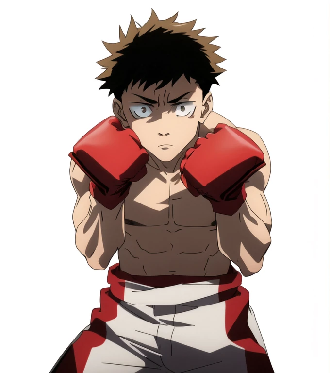 (Illustration, high resolution, best quality: 1.5, masterpiece, minimalist, simplistic detail, anime), solo: 2, fit male, adult male, upper body, half body portrait, shirtless: 2, boxer, boxing gloves, vox machina style, itadori yuji, blond: 1.5, shaded face, dark shade face, glowing eyes,