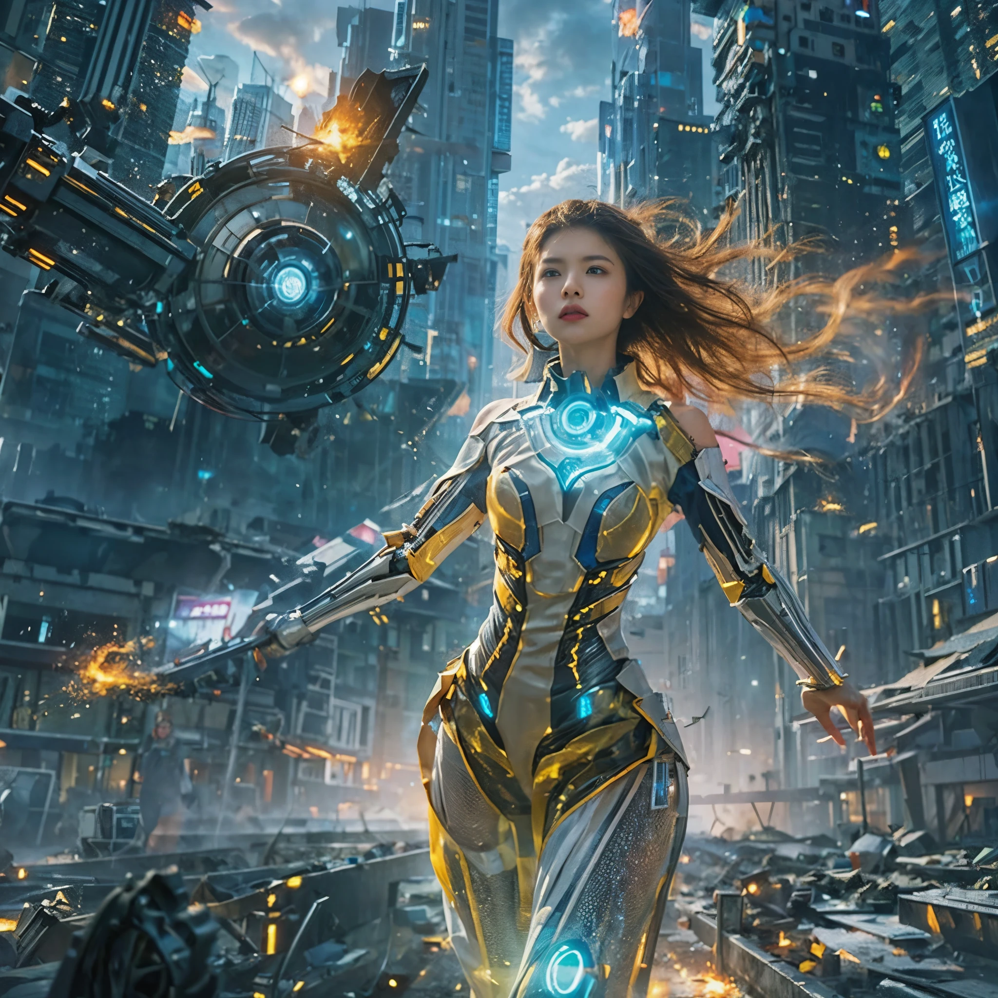 (highest quality、4k、8K、High resolution、masterpiece: 1.2)、Super detailed、(genuine、photogenuineistic、photogenuineistic: 1.37)、Destruction of a Great City、(A woman with telekinesis stands in front of a spaceship controlled by invaders:1.37) 、(Women are young and beautiful、18-year-old、unparalleled beauty:1.5)、Insert a mental barrier to resist robot attacks、Vibrant cityscape、bright colors、Shining skyscrapers、Busy Street、Futuristic architecture and technology、Advanced Holographic Displays、Neon light splashes 、dramatic lighting、intense shadow、The awe-inspiring power that women exude、determination in his eyes、Elegant flowing gown、Dynamic action in the wind、Stretch out your arms and lunge towards the robot.、Powerful energy is emitted from the hands.、blue shining aura、sparks of electricity、electricity crackling in the air、A whirlpool of energy surrounding women、A fascinating and surgenuine atmosphere、A sense of danger and impending doom、Background chaos and destruction、Crumbling Building、flying debris、Smoke and flames、 The contrast between beauty and destruction、The battle between technology and the extraordinary power of young women。
