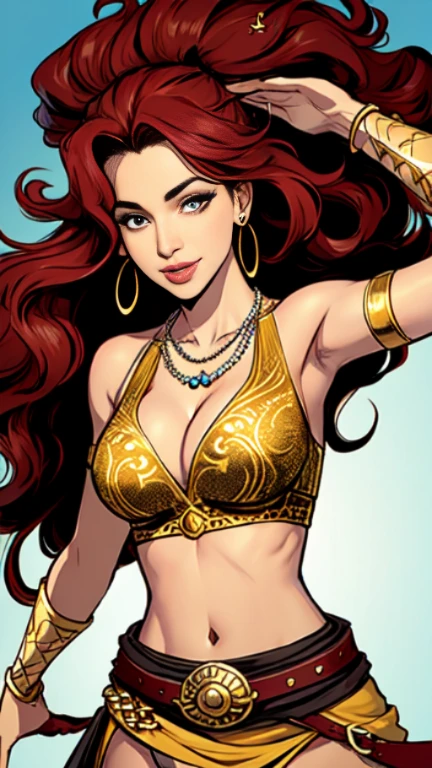 1woman 30year old, solo, long curly hair, looking at viewer, navel, cleavage, bare shoulders, detailed eyes, shy smile,jewelry, medium breasts, earrings, midriff, belt, necklace, bracelet, lips, armlet, ((dynamic pose)), ((dynamic angle)),