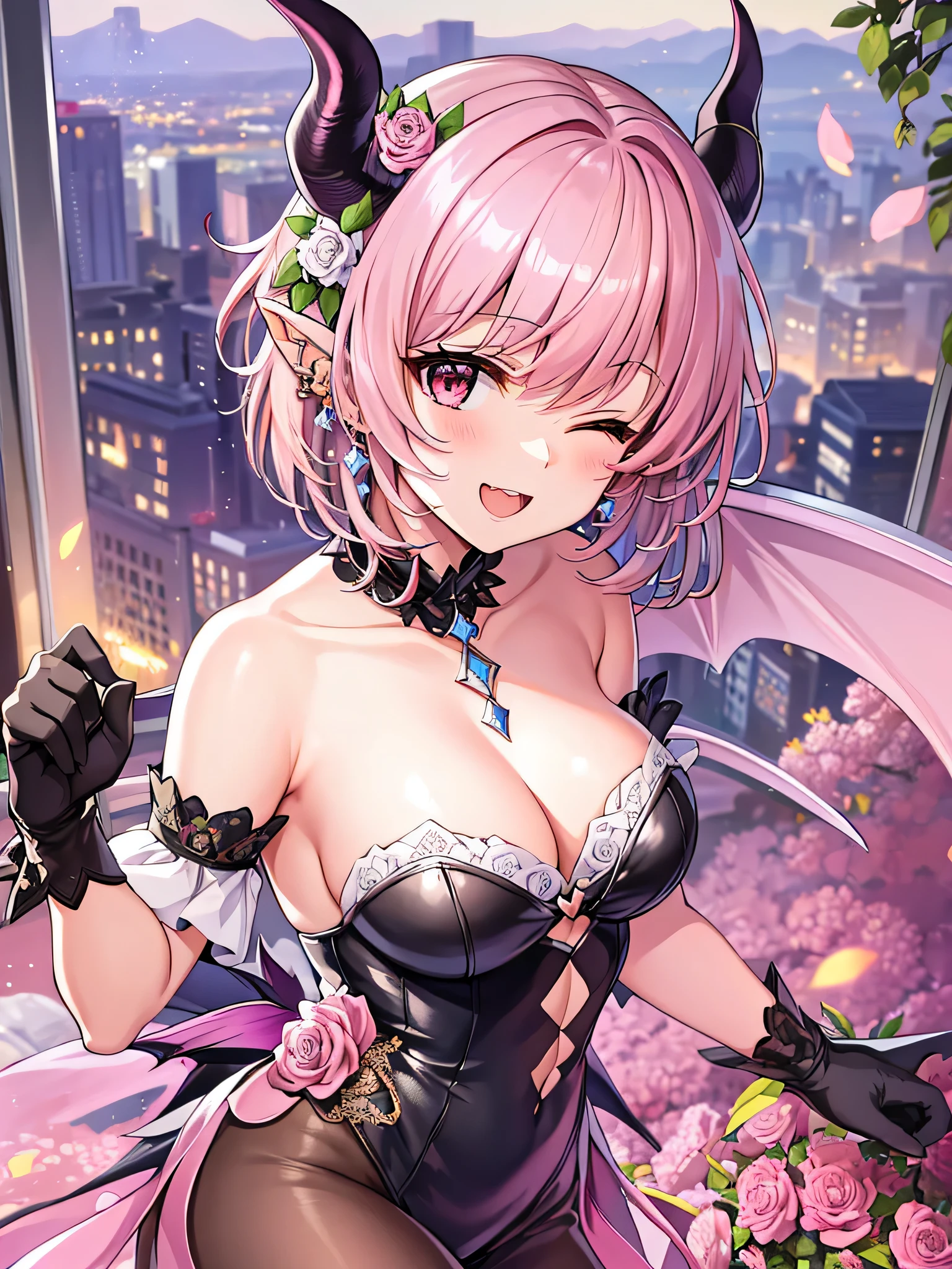 (masterpiece),(Highest image quality),top quality,(extremely detailed),4K,(8K),super detailed,figure,detailed and beautiful eyes, Highest image quality,(beautiful),more campbell,1 girl,from above,solo,:3,idol,(scowl),(short hair:1.5), (pink hair:1.8), (large breasts:1.2),devil tail,devil,((devil wings:1.5)),(devil ears: 1.3),red eyes,Multiple piercings,teeth,(Satan's horns: 1.3),flower,frilled gloves,glint,gloves,hair flower,hair ornament,holding,holding microphone,jewelry,looking at viewer,microphone,one eye closed,open mouth,outstretched hand,pearl bracelet,purple flower,red eyes,rose,smile,
sparkleMoody Lighting,night,evening, on a rooftop overlooking the city skyline.,The background features the silhouette of the city against the breathtaking sunset, symbolizing the end of a day filled with moments worth capturing