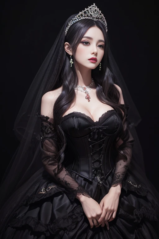 highest quality、masterpiece、8K、Award-winning work、hyper realism、Vampire Princess、恐ろしいVampire Princess、Natural forehead、spooky、white skin、Wicked Makeup、(((全身photograph1.5)))photograph、dark image、Photographing faces with beautiful composition、The most detailed and beautiful face、The relentless gaze、look at me、long eyelashes、spookyなメイク、black lips、eye shadow、艶のあるblack lips、Top quality ultra HD skins、The most detailed eyes、(The most luxurious and highest quality giant tiara、The most luxurious and highest quality giant necklace、The most gorgeous giant ruby、The most luxurious jewelry decoration、The most luxurious and luxurious black princess dress)、cleavage、(((Pitch black background 1.5)))、(((dark 1.5)))、Beautiful long wavy hair、((Ceiling light 1.2))、マットなphotograph、small breasts 1.2. Corset around the waist、look at the audience