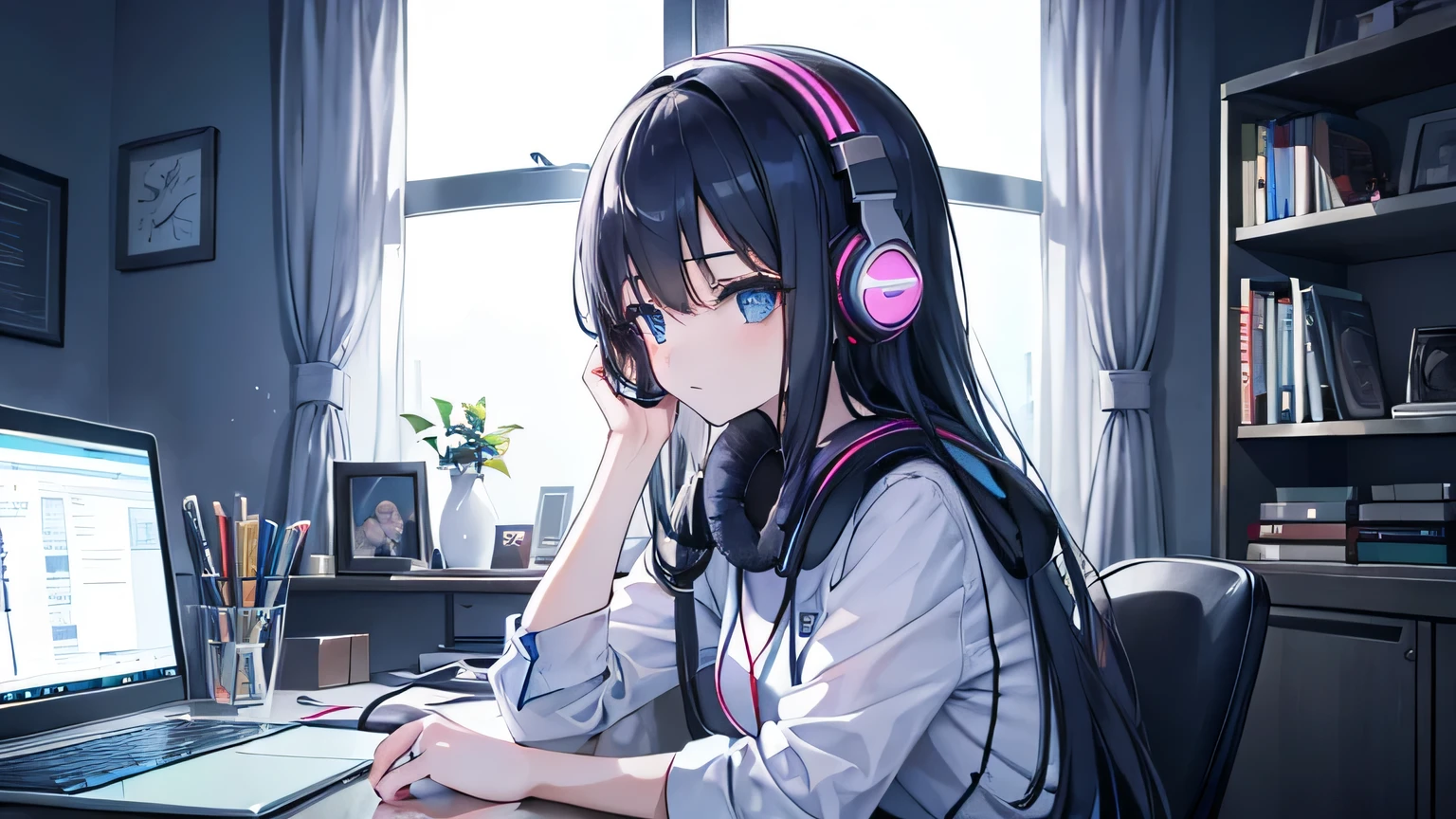 A beautiful girl wearing headphones and using a computer in a room with an open window at night