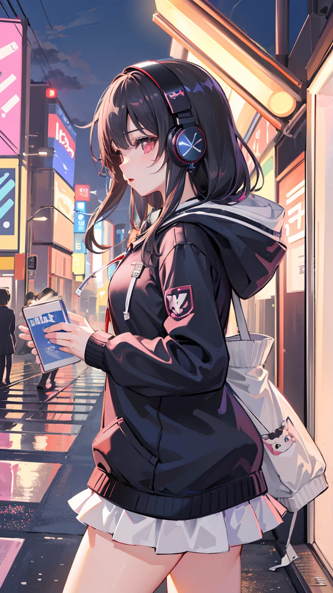 (masterpiece), (highest quality:1.4), (ultra high resolution:1.2),  super detailed background, (unity 8k wallpaper),Shibuya Ward、city pop、(headphones:1.2)、masterpiece, (anime girl alone:1.3), Incredibly absurd, hoodie,pedestrian crossing, outdoor, rain, Tokyo, neon light.high school girl、profile、whole body、