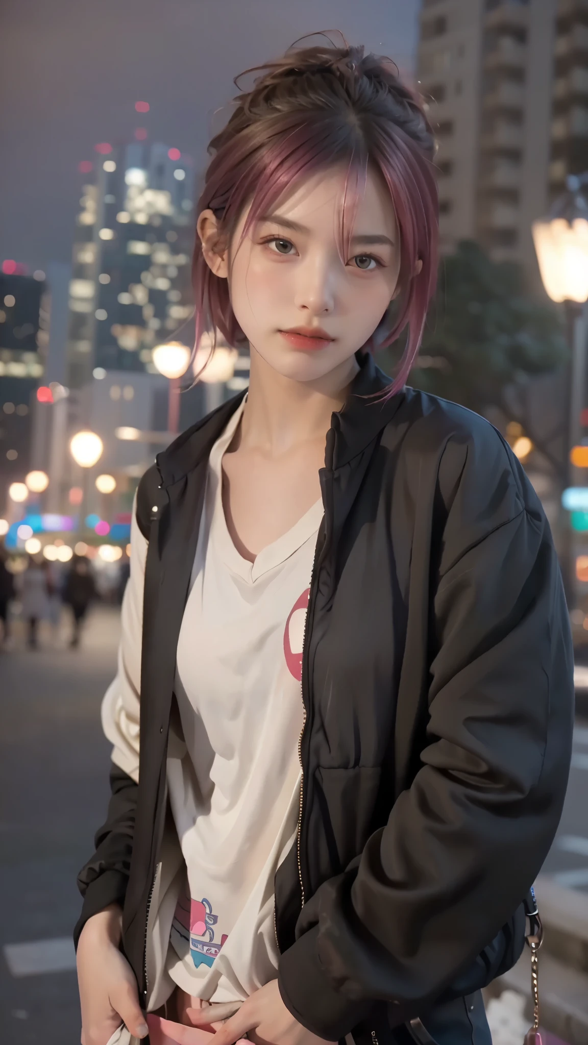 RAW shooting,12K, 最high quality, masterpiece, 超High resolution, (realistic:1.4), Raw photo, 1 girl,, short hair, (masterpiece, 最high quality, high quality, High resolution, Super detailed),pink hair, (Night lights:1.4), Cyberpunk attire、Layer Color、Clothes with many zippers、looking at the viewer、near future