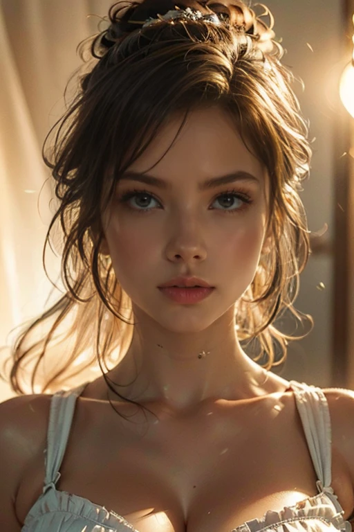 (((ultra realistic))), photo, masterpiece, best quality, trending on artstation, (long  hair:1.2), detailed bright  eyes, heavy eye makeup, mascara, detailed hair, large breasts, cleavage, (detailed skin and pores:1.2),slim waist, bokeh, depth of field,  lighting, , (play of light :1.2), ultra detailed, sexy Minimalist long one piece outfit