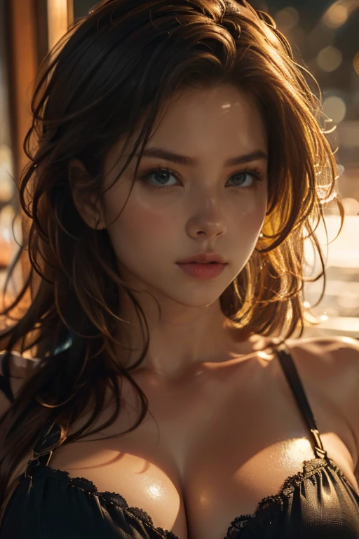 (((ultra realistic))), photo, masterpiece, best quality, trending on artstation, (long  hair:1.2), detailed bright  eyes, heavy eye makeup, mascara, detailed hair, large breasts, cleavage, (detailed skin and pores:1.2),slim waist, bokeh, depth of field,  lighting, , (play of light :1.2), ultra detailed, sexy Minimalist long one piece outfit