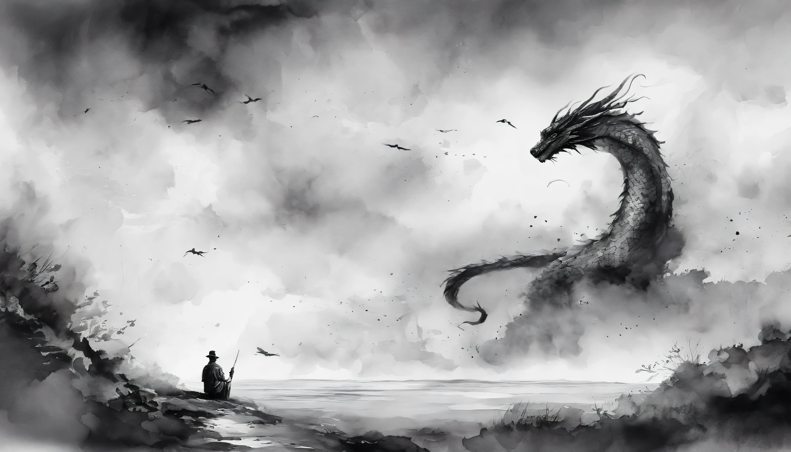 sky，People in One，Deep Black and White，ink，cloud，A hidden dragon